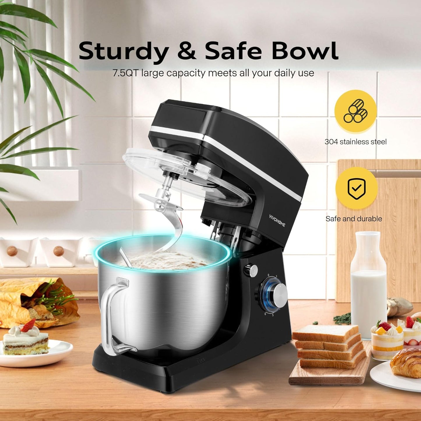 VIVOHOME 7.5 Quart Stand Mixer, 660W 6-Speed Tilt-Head Kitchen Electric Food Mixer with Beater, Dough Hook, Wire Whip, and Egg Separator, Black