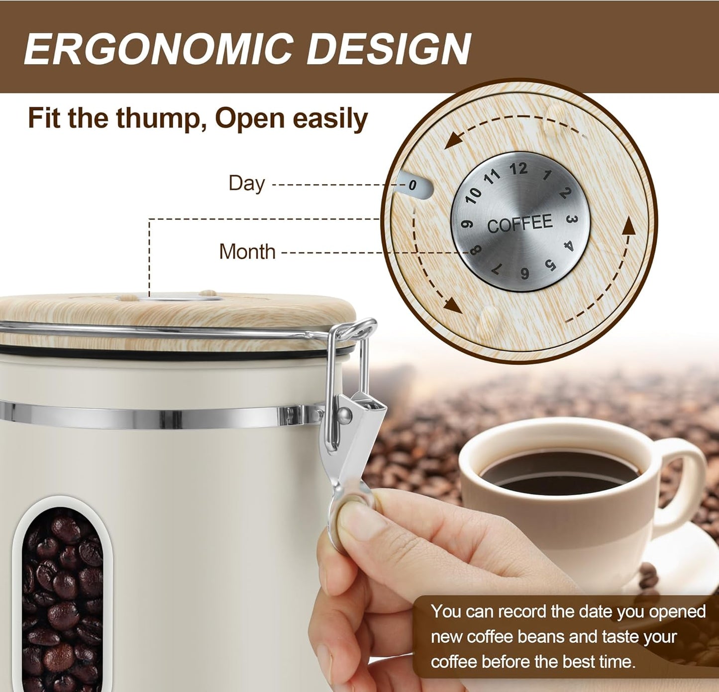 1800ML Airtight Coffee Canister with Date Tracker&Transparent Window, 22.8OZ Coffe Beans Storage with 30ML Measure Spoon&4 co2 Valve, Coffee Container for Grounds Coffee, Beans, Tea, Sugar(Beige)