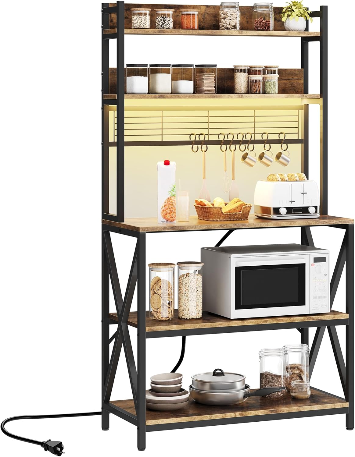 Yaheetech Kitchen Bakers Rack with Power Outlet & LED Lights, 5 Tiers Coffee Bar Table with 8 S Hooks, 64 Inches Tall Microwave Oven Stand with Storage for Spices, Pots, Rustic Brown