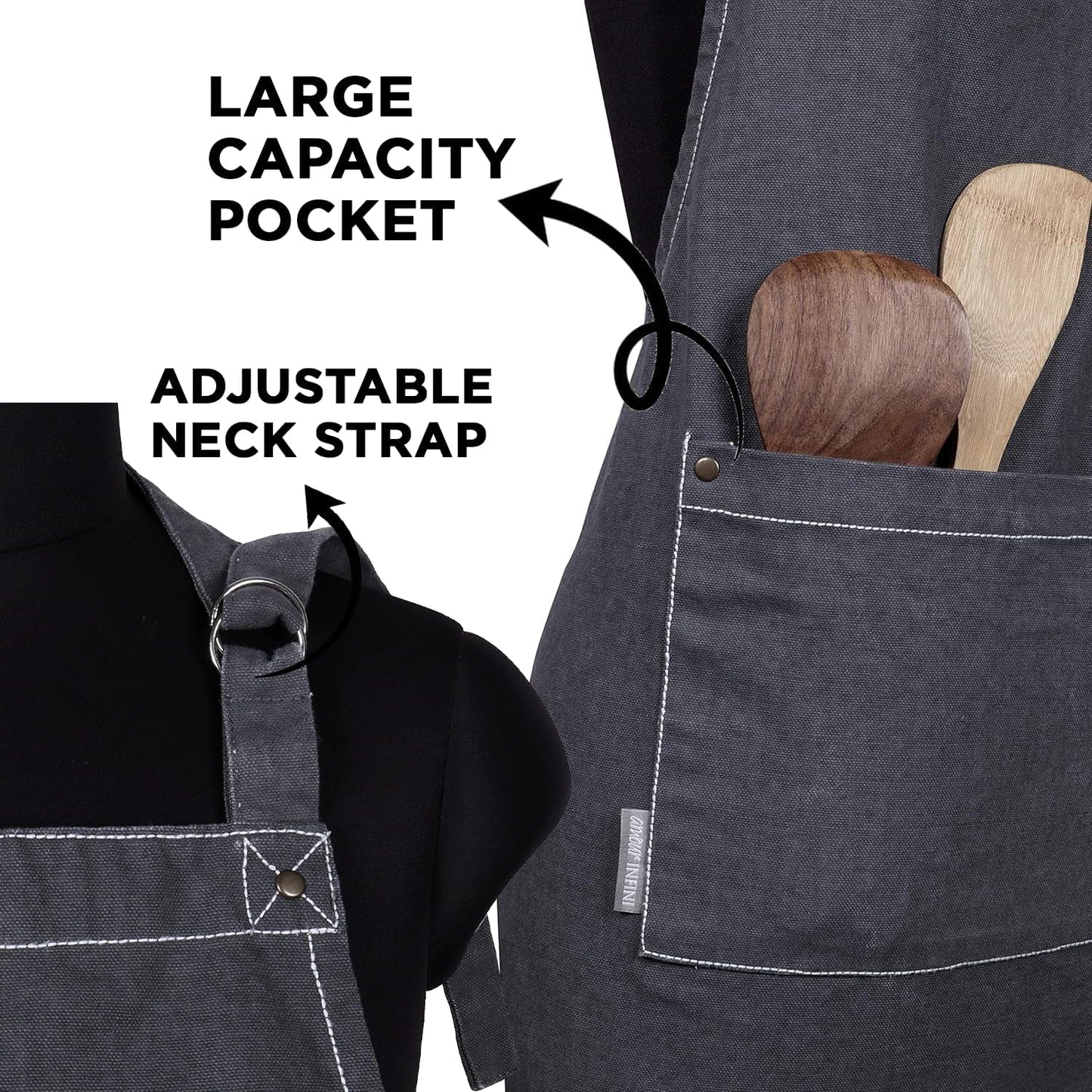 AMOUR INFINI Cotton Solid Aprons for Women with Pocket, Adjustable Strap and Waist Ties Washed Chef Aprons for Cooking, Baking and Gardening (27.5 x 33 Inches - Gray)
