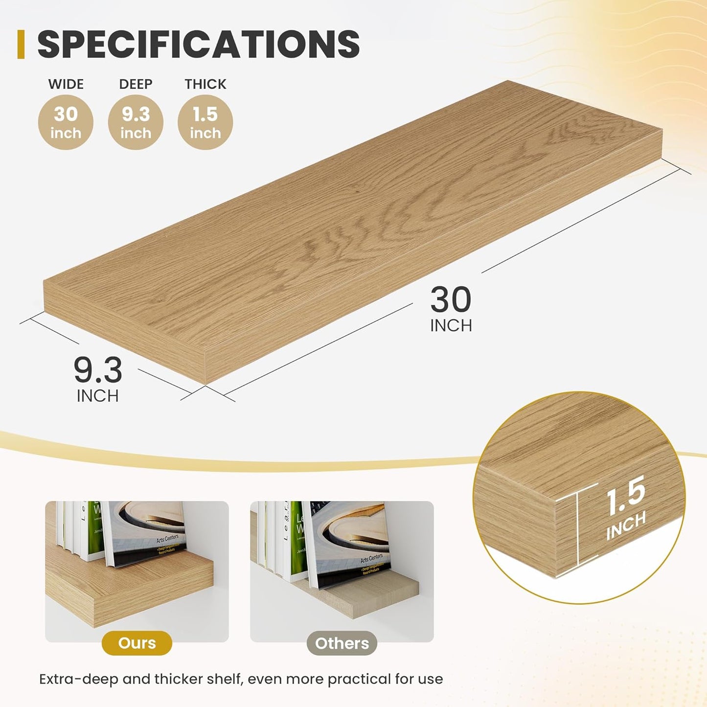 30 Inch Floating Shelves, 9.3" Deep Floating Shelf Wall Mounted, 30" Wall Shelves, Rustic Deep Bookshelf, Large Display Shelves & Storage Shelves for Bedroom, Living Room, Oak, Set of 2