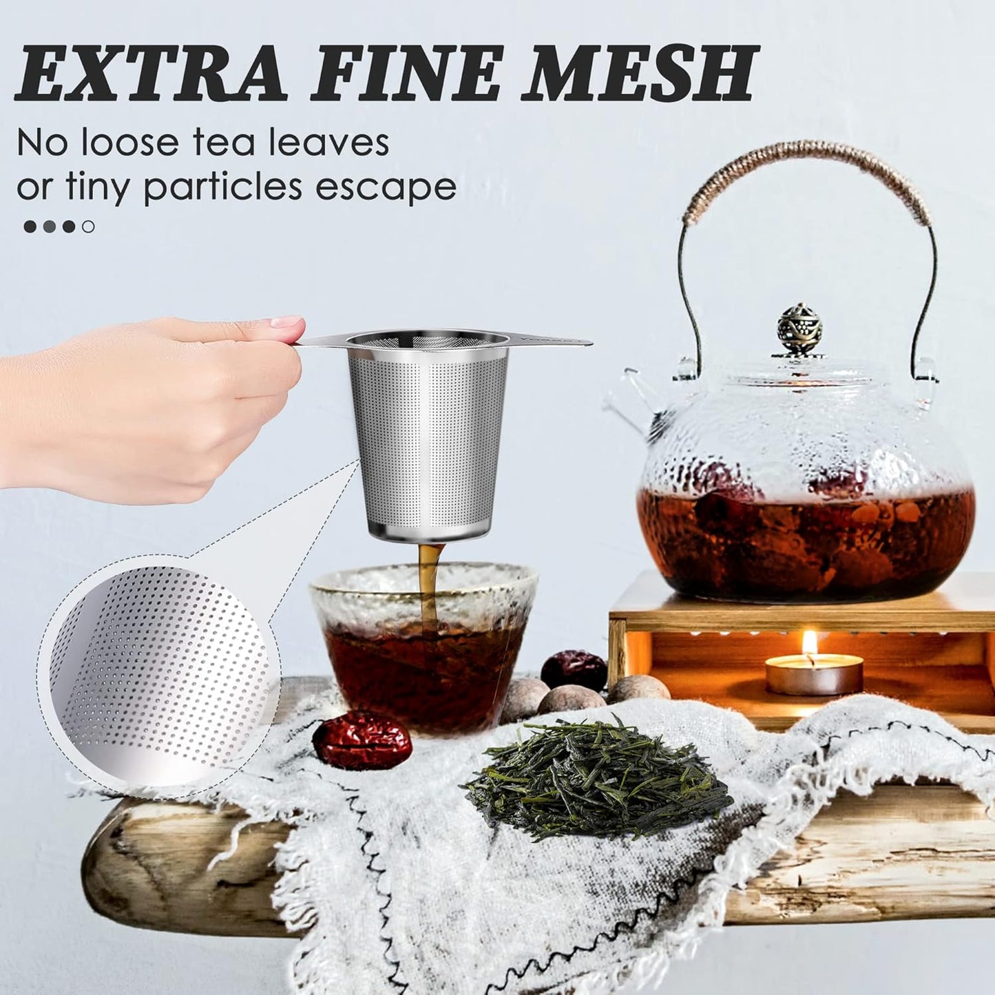 Extra Fine 18/8 Stainless Steel Tea Infuser Mesh Strainer with Large Capacity & Perfect Size Double Handles for Hanging on Teapots, Mugs, Cups to Steep Loose Leaf Tea and Coffee