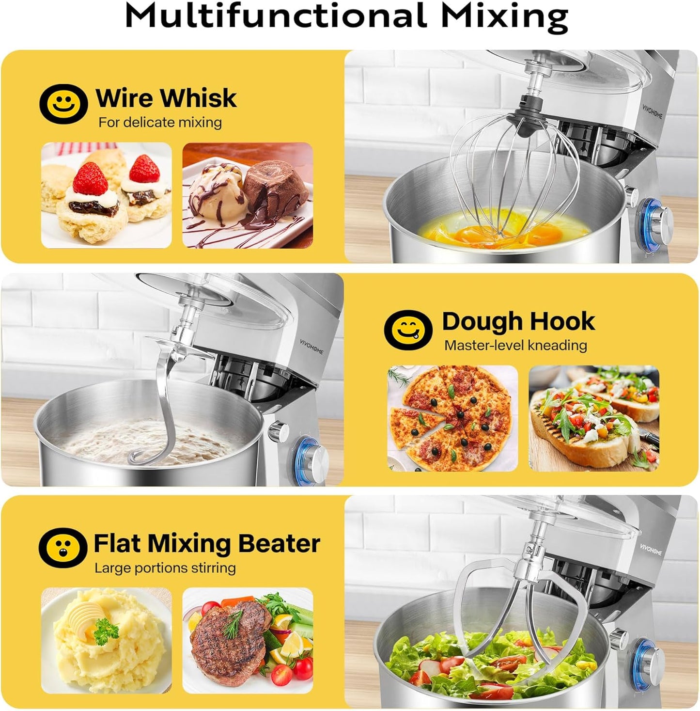 VIVOHOME 7.5 Quart Stand Mixer, 660W 6-Speed Tilt-Head Kitchen Electric Food Mixer with Beater, Dough Hook, Wire Whip, and Egg Separator, Silver