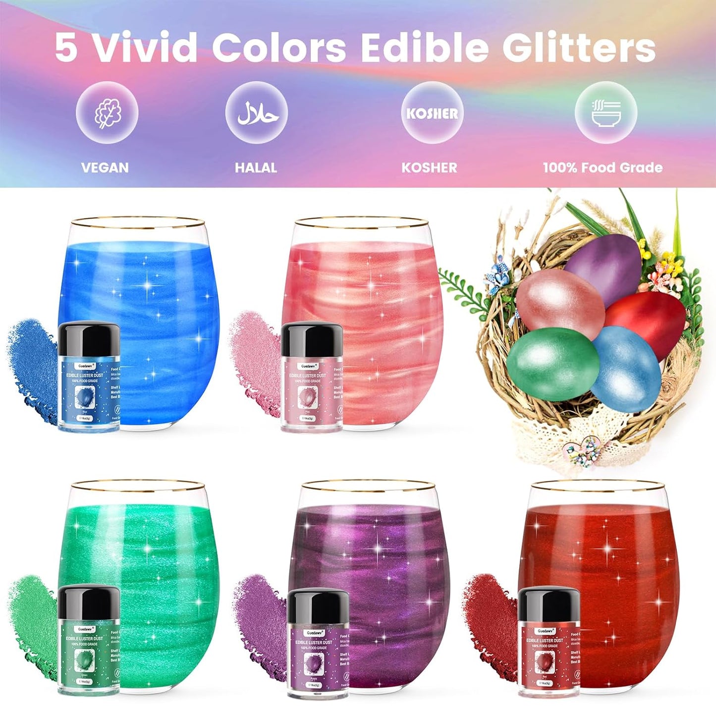 5 Colors Edible Glitter Set, Edible Glitter for Drinks, Luster Dust Shimmer Powder for Cakes, Cocktails, Beverages, Strawberries, Cookies, Candies, Fondant, Easter Eggs(5g/Bottle)