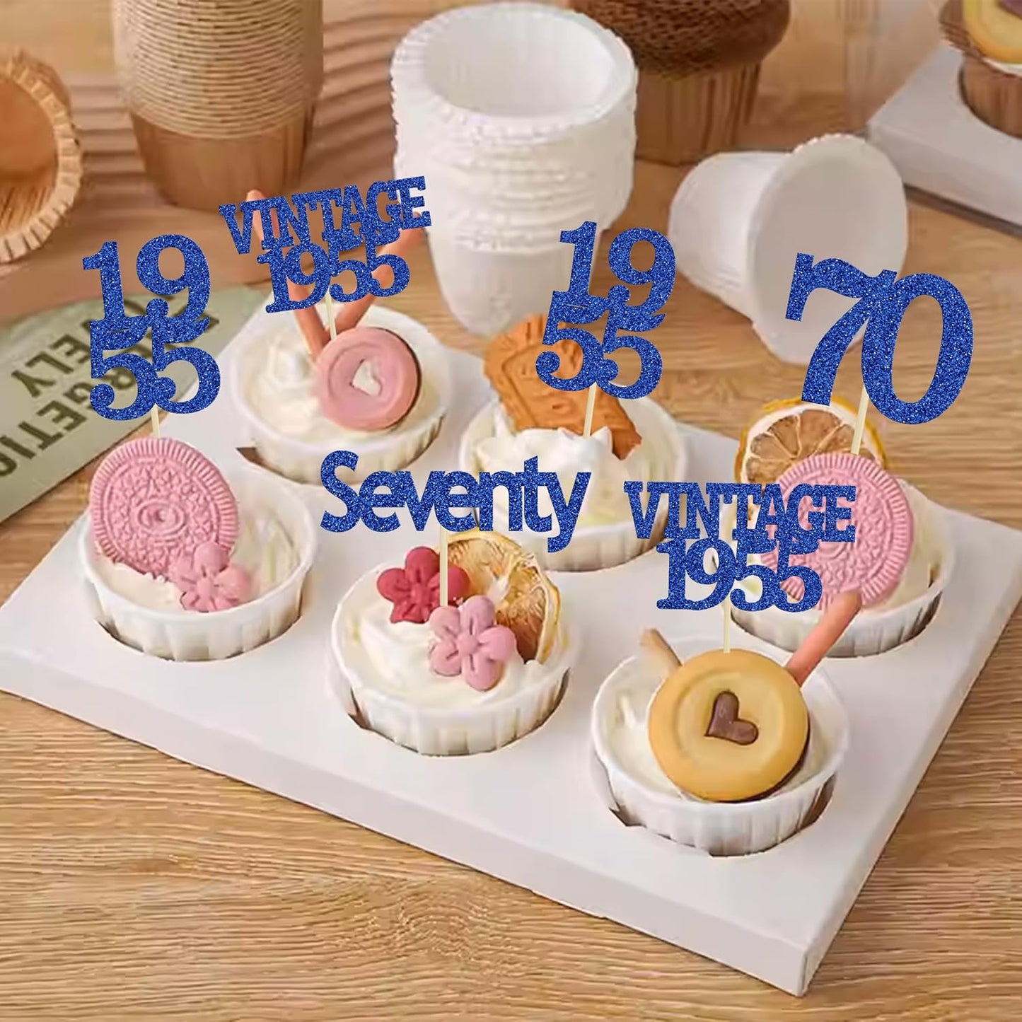 Gyufise 24Pcs Vintage 1955 Cupcake Toppers Glitter Cheers to 70 Fabulous Seventy Cupcake Picks 70th Birthday Wedding Anniversary Party Cake Decorations Supplies Deep Blue