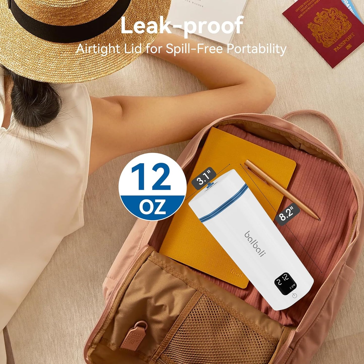 balbali Portable Tea Kettle for Travel 100-240V Dual Voltage - 6 Preset Electric Portable Water Heater for Boiling - Self Heating Cup/Thermos - 12oz Hot Water Boiler/Heater/Warmer - White