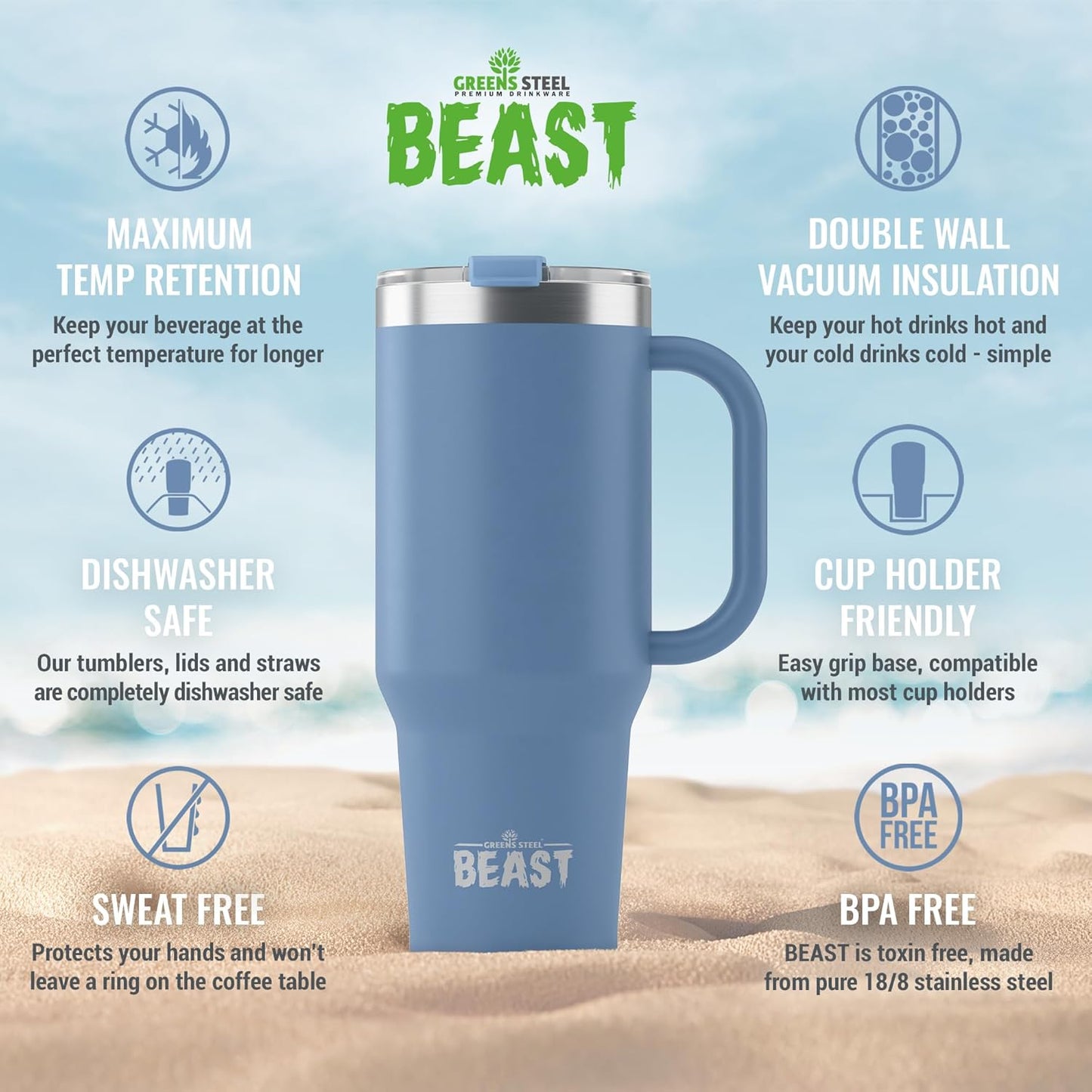 Beast 50 oz Tumbler Stainless Steel Vacuum Insulated Coffee Ice Cup Double Wall Travel Flask (Stormy Sky Blue)