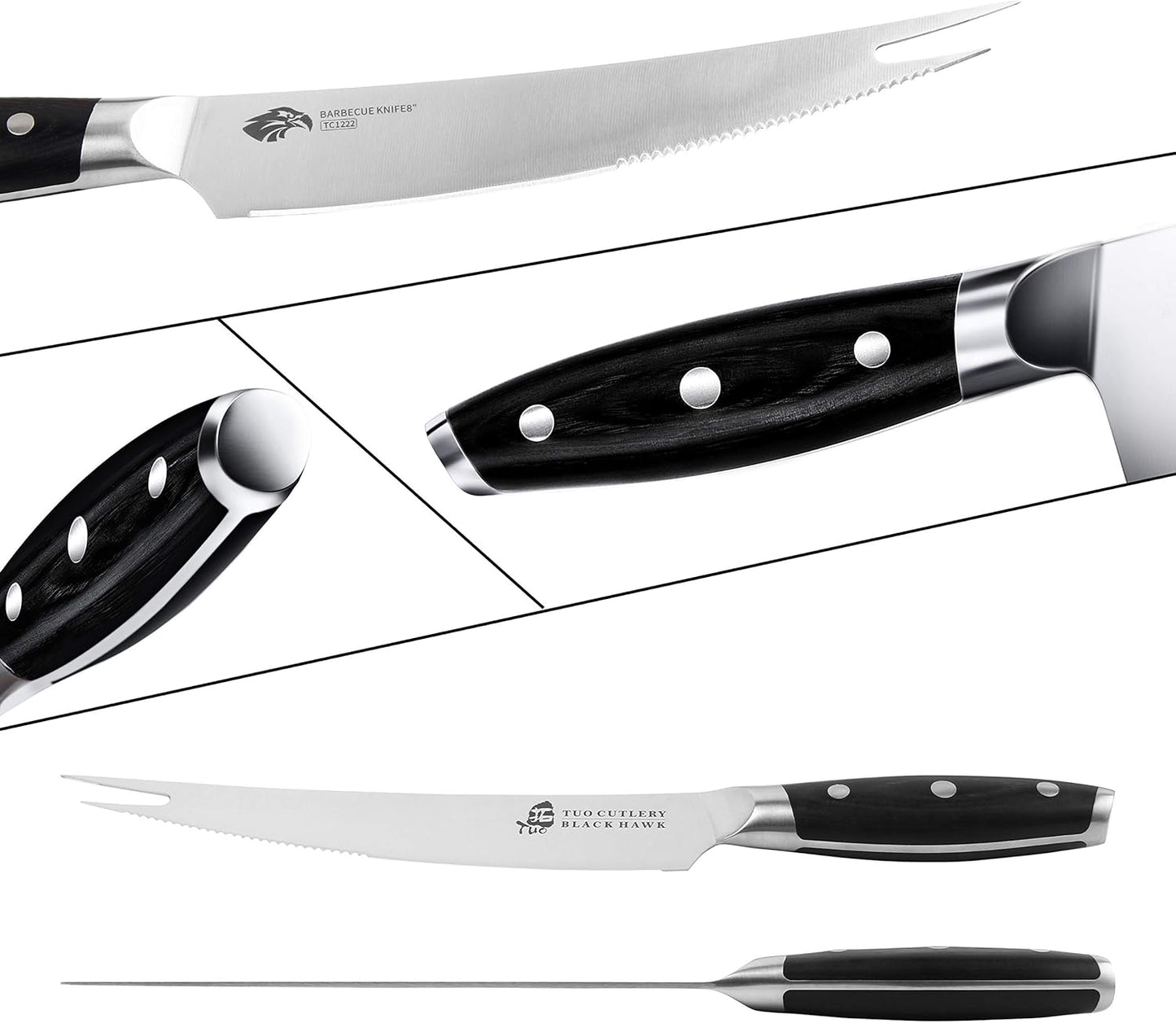 TUO Carving Knives & Forks - Barbecue knives 8'' - Meat Cutting Fork-Shaped Tip Utility bbq Knives - German X50CrMoV15 Steel Knife - Full Tang Pakkawood Handle with Gift Box - BLACK HAWK Series