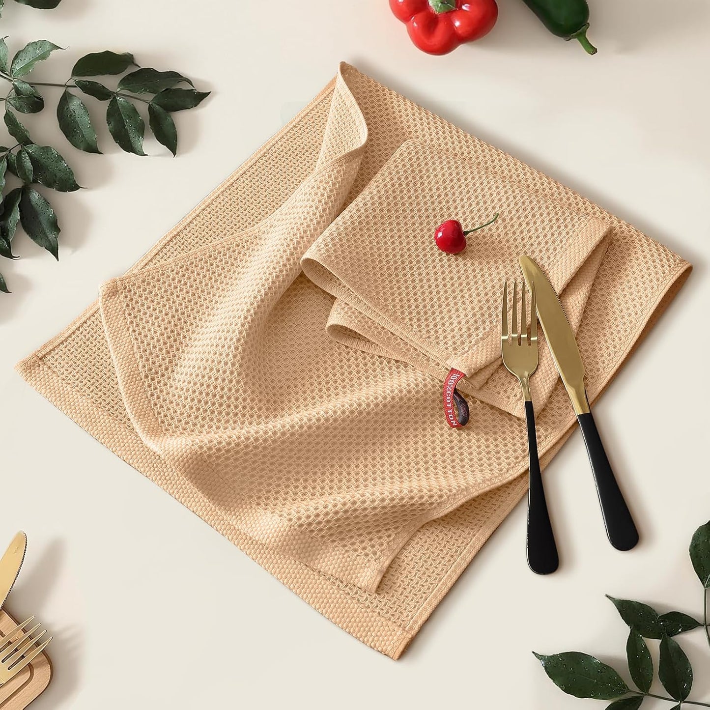 Kitinjoy 100% Cotton Waffle Weave Kitchen Towels (13 X 28 Inches, Apricot), 4-Pack Super Soft and Absorbent Dish Towel for Drying Dishes, Kitchen Hand Towels