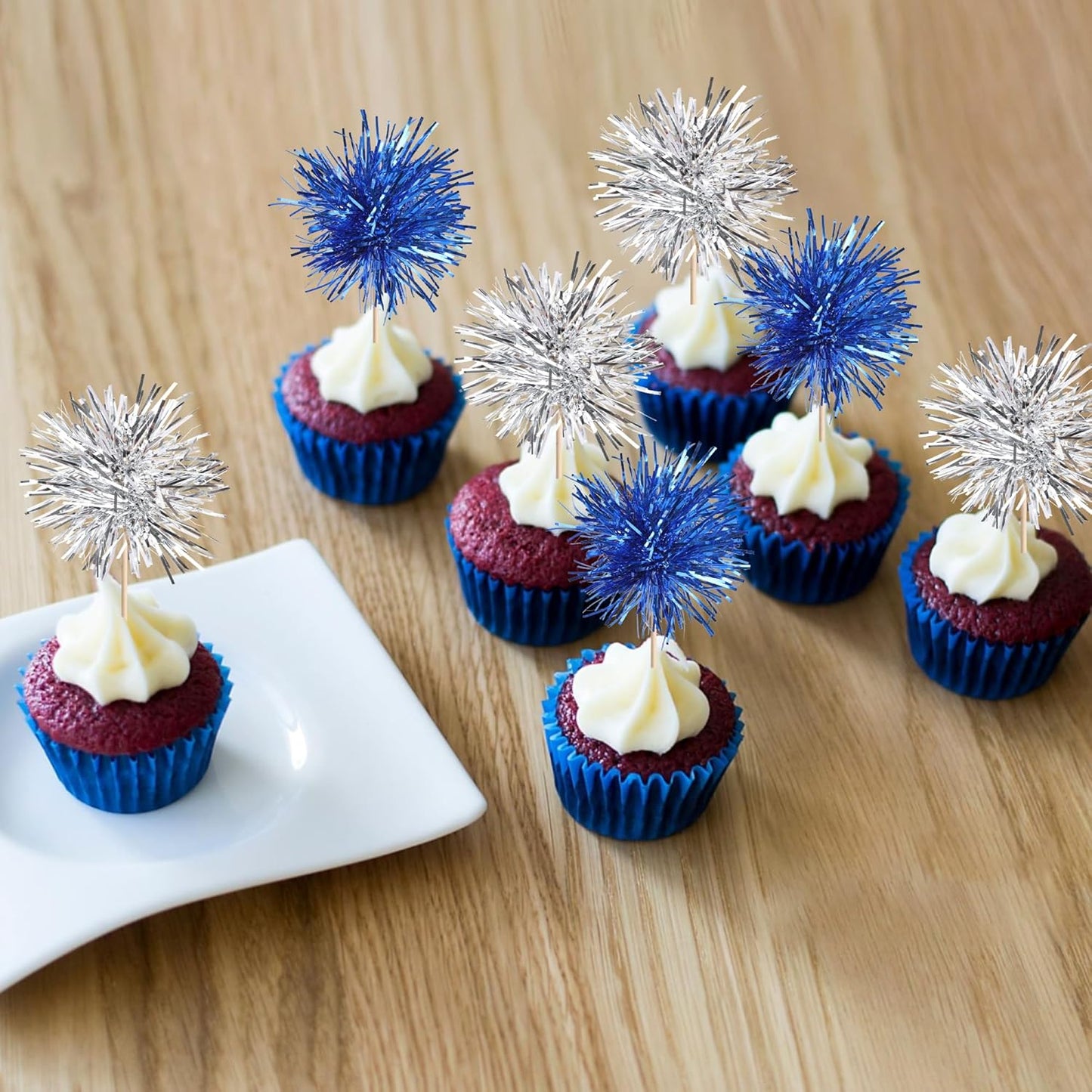 40 PCS Foil Firework Cupcake Toppers Sparkle Tinsel Cupcake Picks Fireworks Birthday Party Decorations Cocktail Fruit Toothpick for Birthday Wedding Graduation Party Decorations Supplies Silver Blue