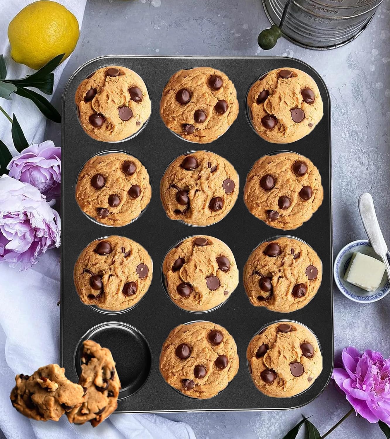 Nonstick Muffin Top Pan Set, 12-Cup, 13.5 x 10.2 inches, 2-Pack, Black