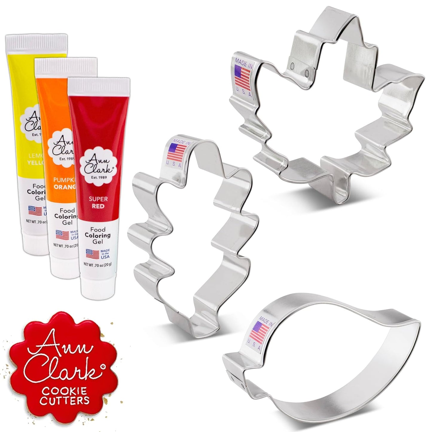 Fall Leaves Cookie Cutters and Food Coloring Gel 6-Piece Set Made in USA by Ann Clark