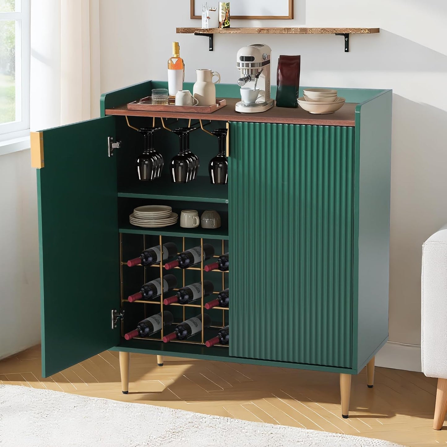 Wine Bar Cabinet Sideboard Buffet Cabinet with Wine Rack & Coffee Bar Station - Adjustable Shelves, Glass Holder and Storage Drawers for Kitchen, Dining Room, Living Room Green
