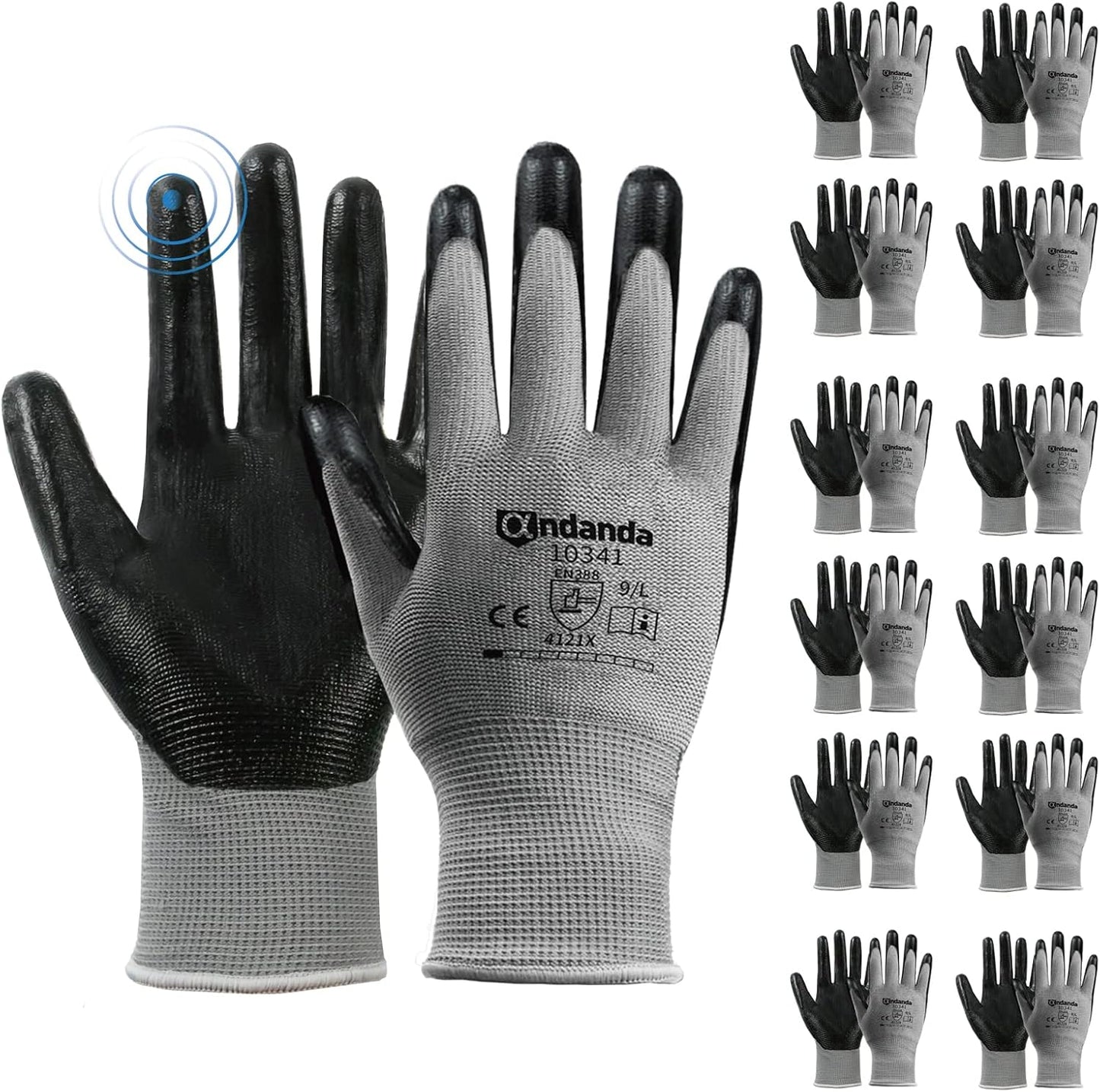 ANDANDA 12 Pairs Work Gloves, Smart Touch, 3D Comfort Stretch Fit, Nitrile Coated, Men Work Gloves with Grip, Seamless Knit Nylon, Suitable for Warehousing, Logistics, Handling, Black（L）
