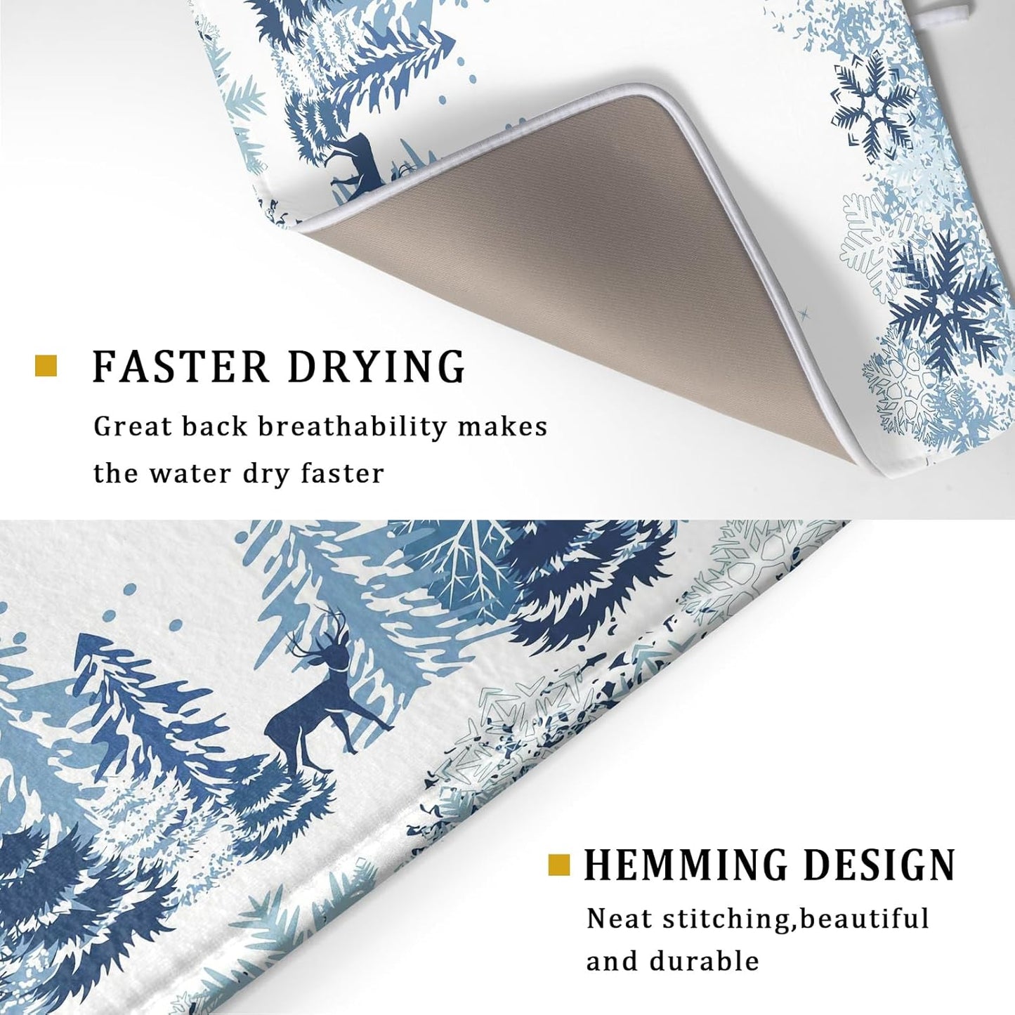 Winter Blue Snowflake Dish Drying Mat Christmas Tree Kitchen Counter Dish Drainer Mats Xmas Forest Deer Moose Dish Dry Pad Bottles Protector for Kitchen Countertop Coffee Bar, 18x24 inch Large