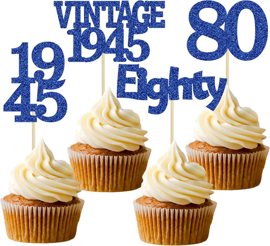 Gyufise 24Pcs Vintage 1945 Cupcake Toppers Glitter Cheers to 80 Fabulous Eighty Cupcake Picks 80th Birthday Wedding Anniversary Party Cake Decorations Supplies Deep Blue
