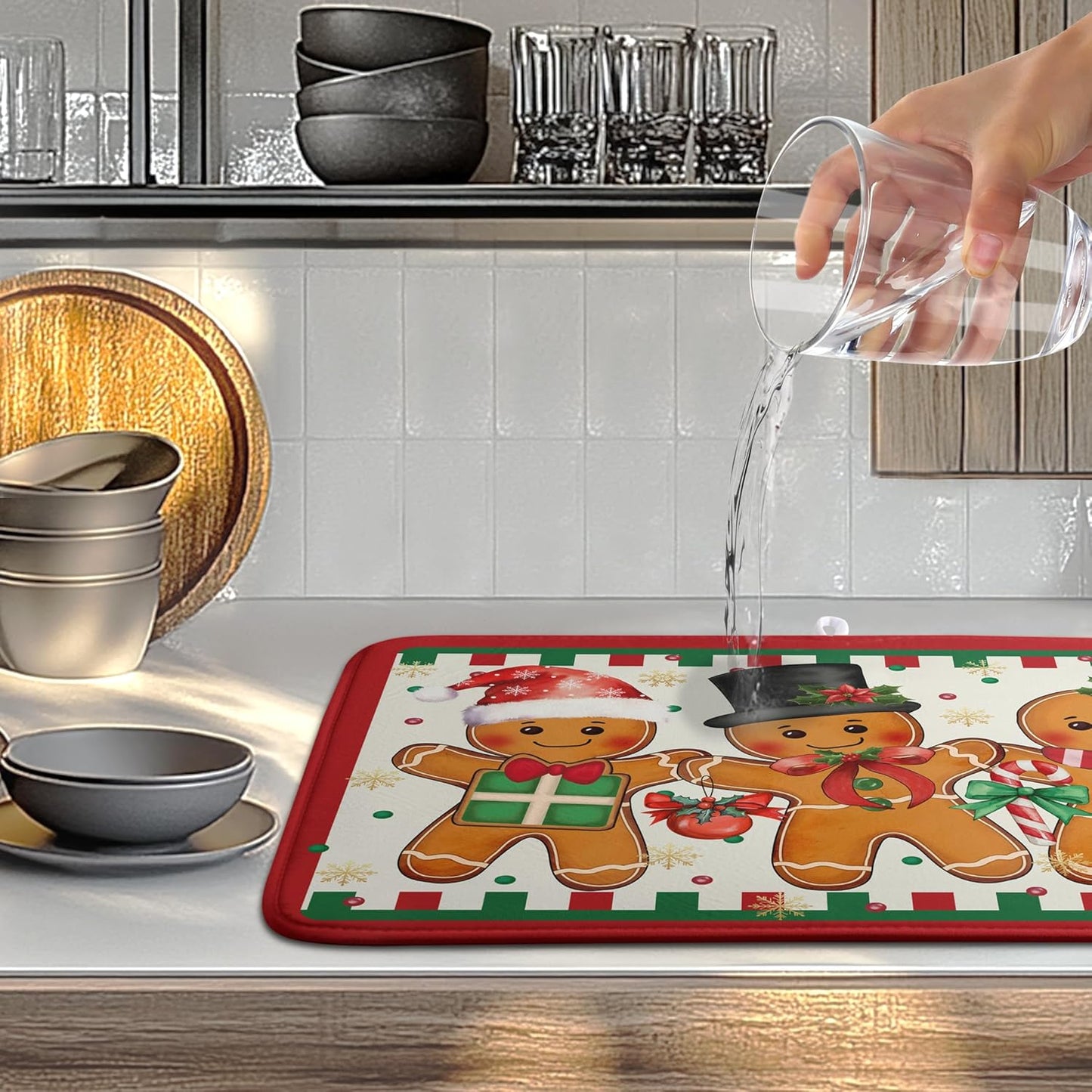 Christmas Gingerbread Man Dish Drying Mat Winter Large Kitchen Mats Dish Drying Pad Xmas Candy Absorbent Dish Dryer Mat for Kitchen Countertops Microfiber Drainer Pad Dish Drying Mats (18x24 in)