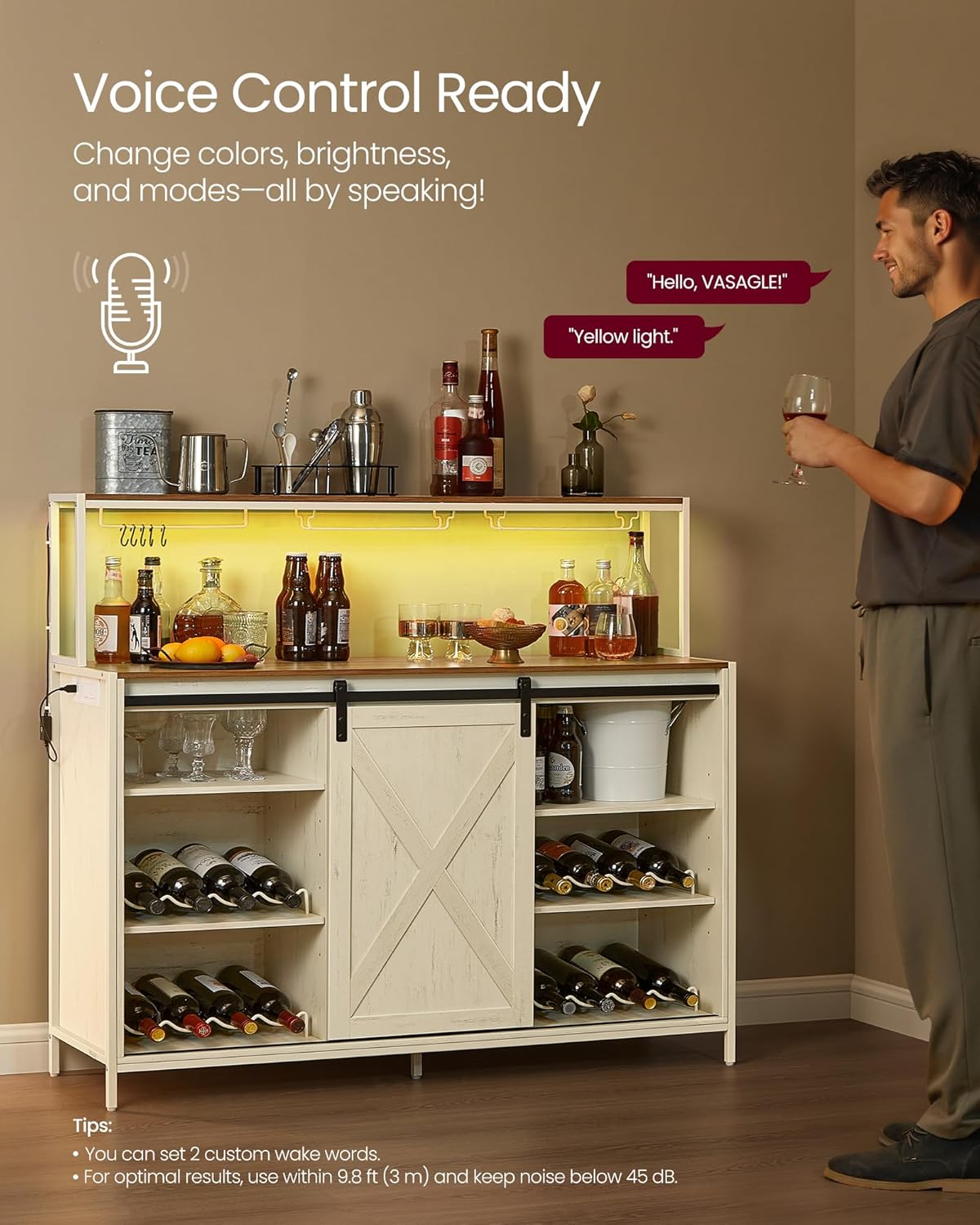 VASAGLE Coffee Bar Cabinet with Power Outlet and Voice Control LED Light, Buffet Cabinet with Sliding Barn Doors, S Hooks, Wine Glass Racks, Bottle Holders, Rustic White and Honey Brown ULSC201W01