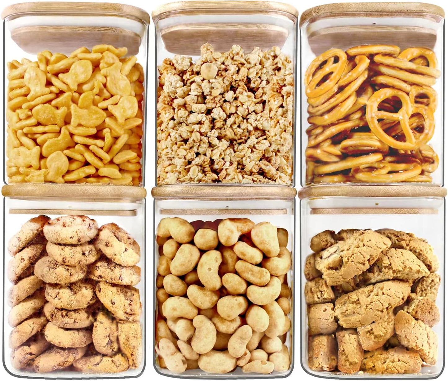 Urban Green Glass Jars with Bamboo Lids, Square Glass Jar with airtight lids, 6 pack of 28oz, Food Storage Containers with bamboo lids, Panty Jars