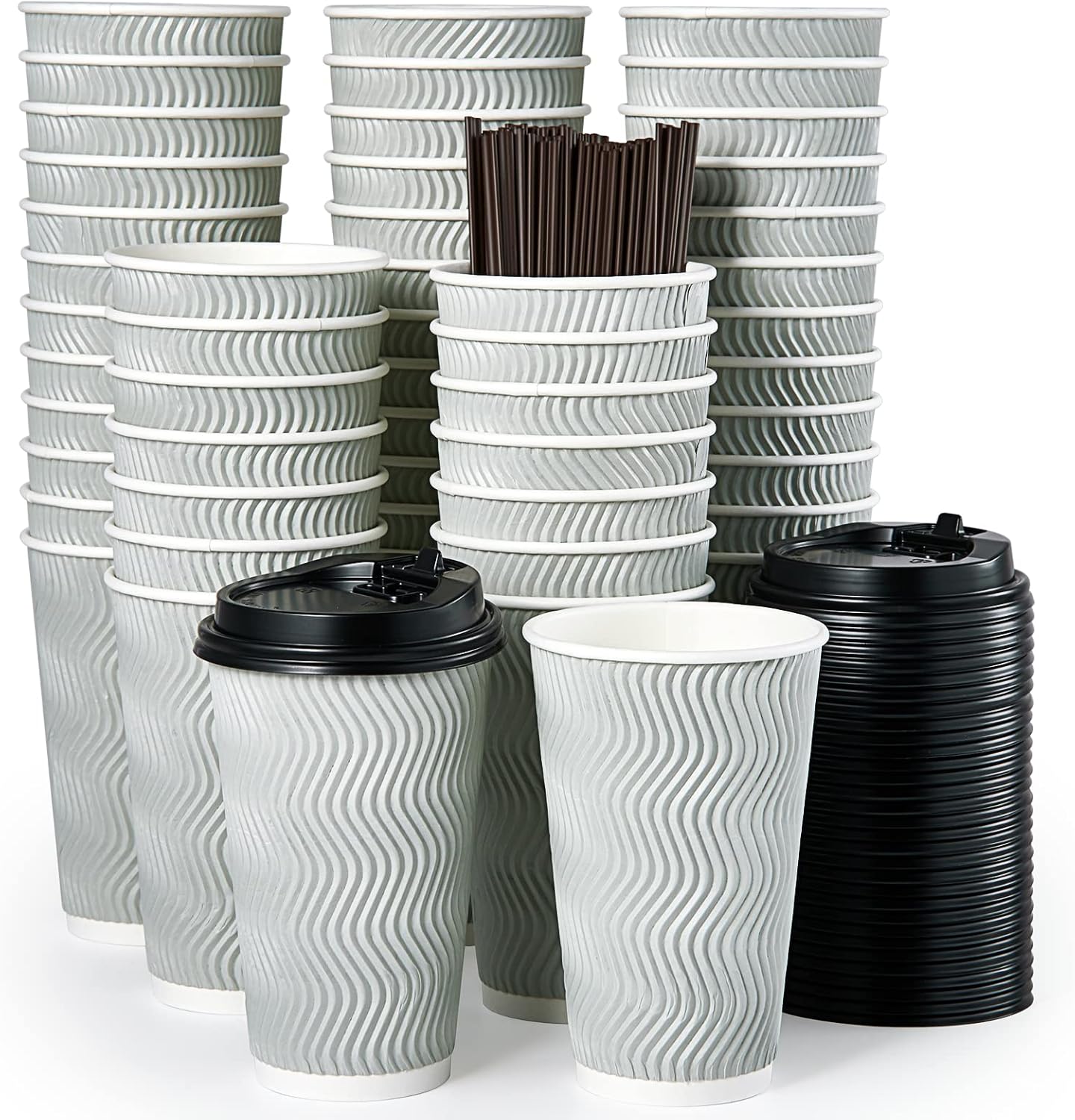 MUCHII 16 oz Disposable Coffee Cups, 80 Count Silver Grey Insulated Ripple To Go Cups With Lids and Straws for Tea, Hot Chocolate, and Drinks