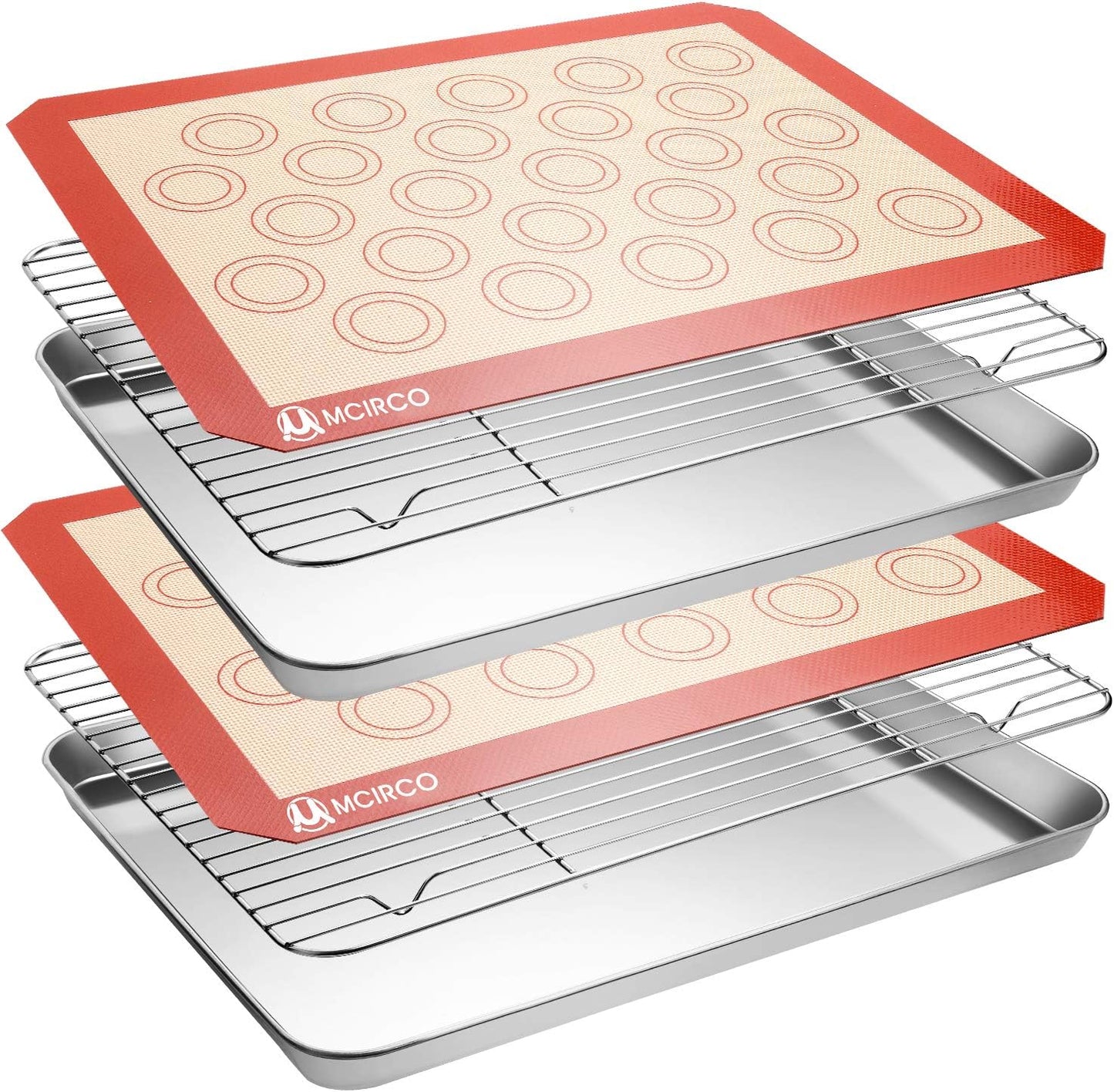 MCIRCO 6 Piece Stainless Steel Baking Sheet with Rack with Silicone Baking Mat Set (2 Pans + 2 Racks + 2 Mats), 17.3 x 13 x 1 Inch Cookie Sheet with Cooling Rack, Easy Clean