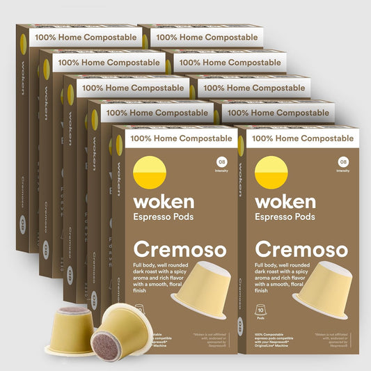 WOKEN COFFEE Compostable Nespresso Pods - Cremoso Dark Roast Italian Espresso Coffee Capsules Compatible With Nespresso Coffee Machine (100 Pod Count, 10 Boxes)