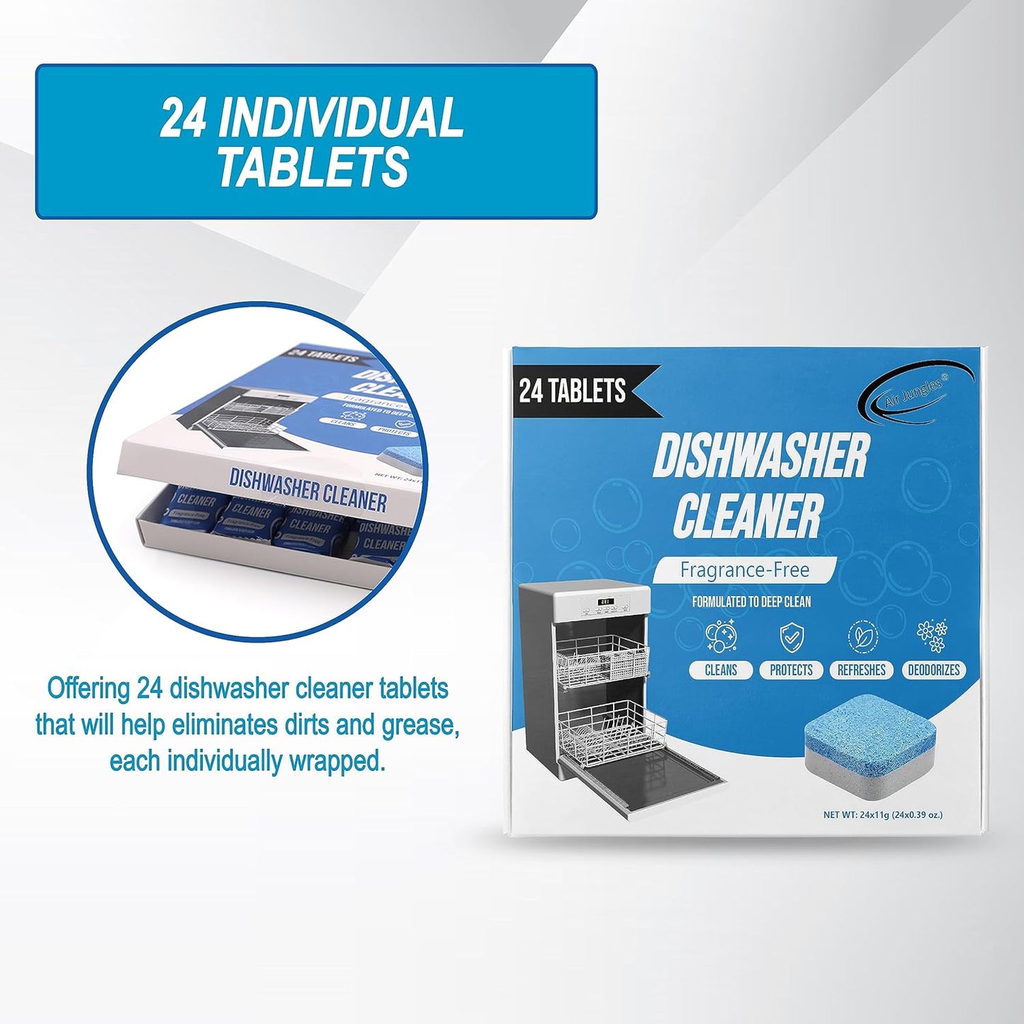 Air Jungles Dishwasher Cleaner Tablets 24 Count, Fragrance Free, Deep Cleaning Descaler Pods, Clean Dishwasher Machine, Remove Limescale, Hard Water, Calcium, Odor, 12 Month Supply