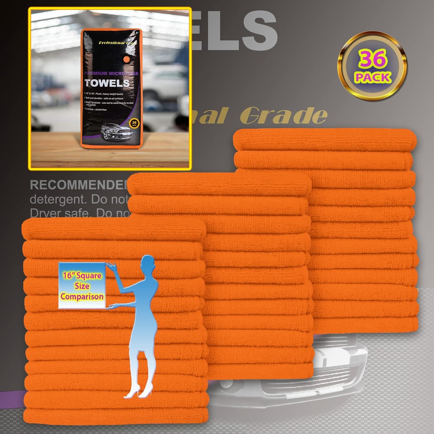 Large Microfiber Cleaning Towels, 36-Pack, Ultra Soft Plush Washcloths, Professional Grade Premium Microfiber Detailing Cleaning Cloth for Car, Household and Commercial (Orange, 16" x 16")