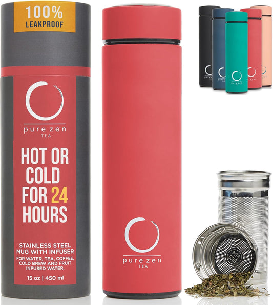 Pure Zen Tea Thermos with Infuser for Hot and Cold Infusions - Stainless Steel - Tea Infuser Bottle - Leakproof Travel Mug with Filter - 15oz - Red