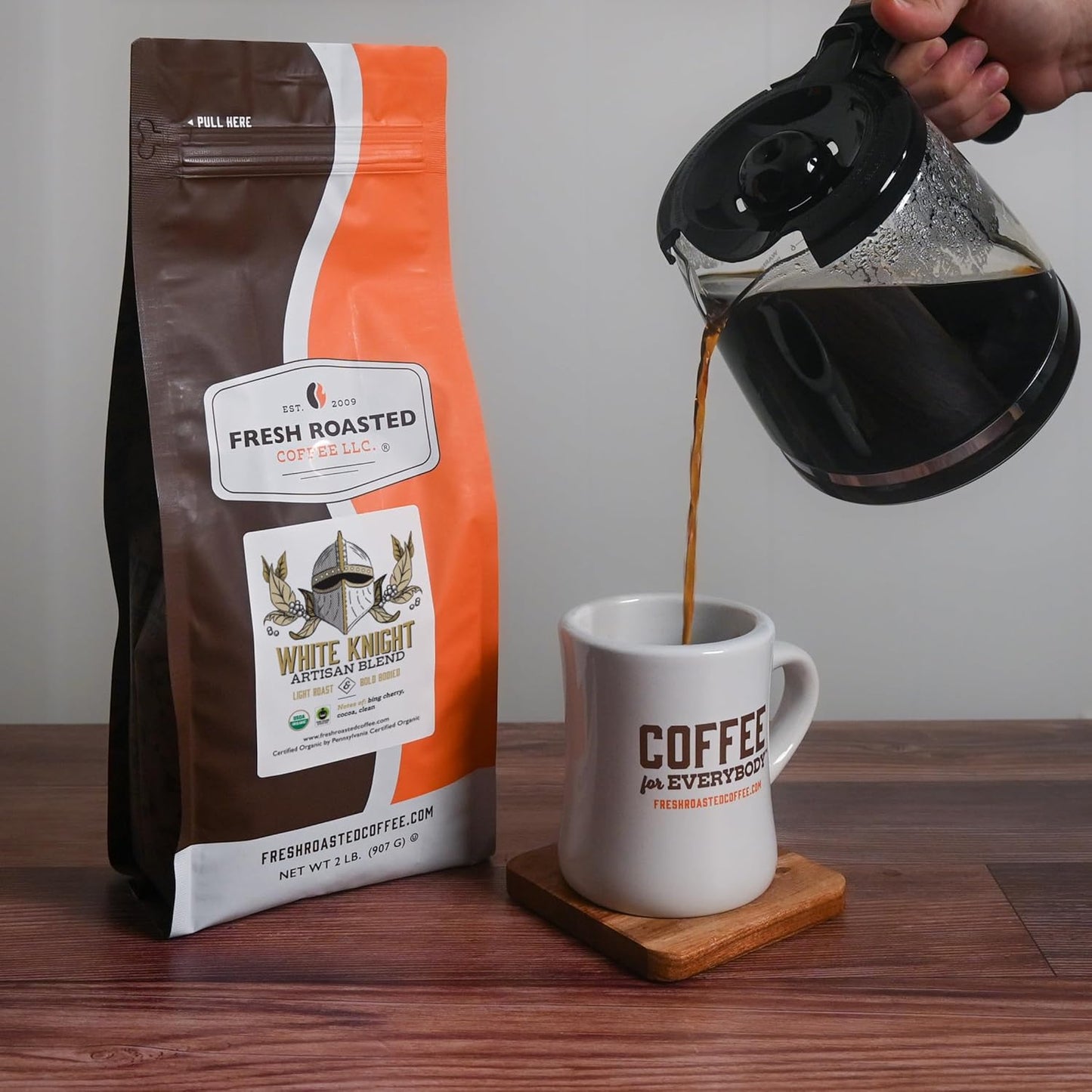 Fresh Roasted Coffee, Organic White Knight | USDA Organic, Kosher | Light Roast 2 lb (32 oz), Ground