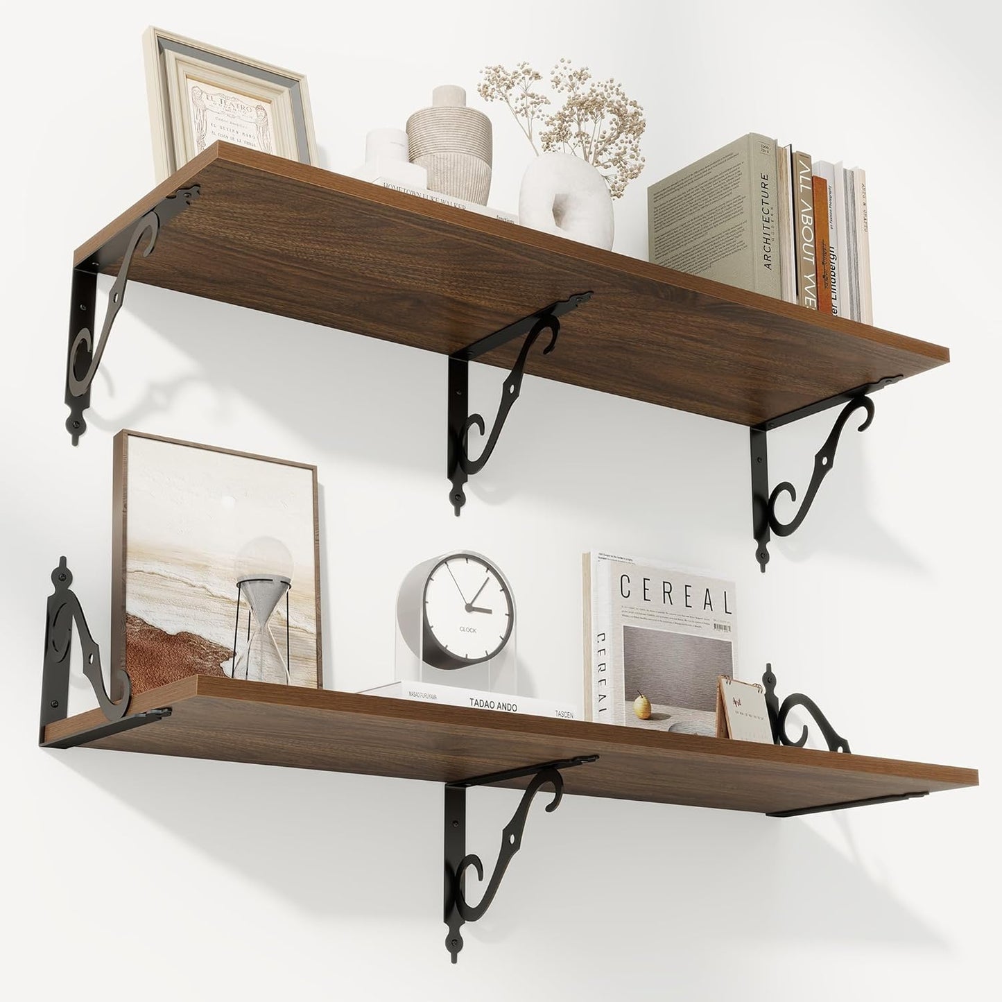 RICHFOCUS 12 Inch Deep Floating Shelves for Wall, 36" W x 12" D Wood Wall Shelves Set of 2, Wide Floating Shelves for Living Room, Bedroom, Kitchen, Bathroom and Decor Storage, Walnut