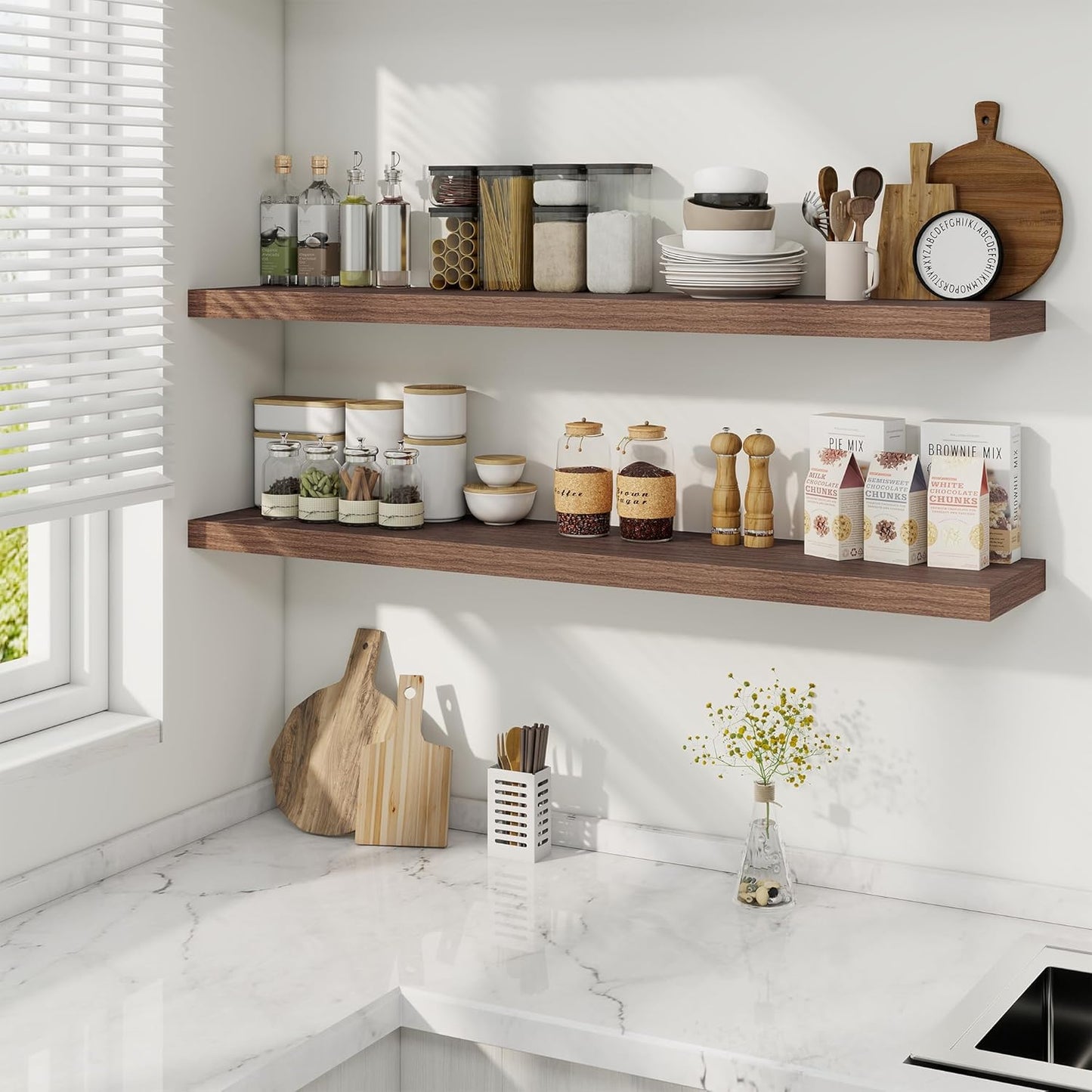 Fun Memories 48 Inch Deep Floating Shelves for Wall, 2 Pack of Long Wall Mounted Wood Shelves with Invisible Brackets for Bathroom, Bedroom, Living Room, Kitchen Decor and Storage, Walnut