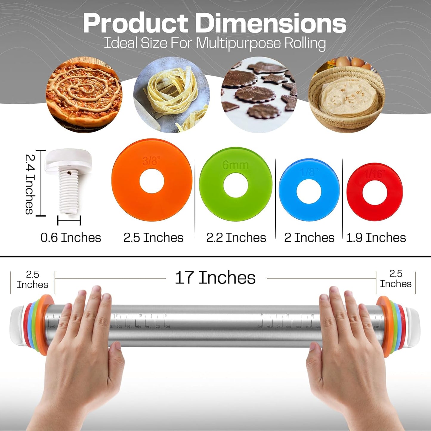 17" Stainless Steel Rolling Pin with 4 Adjustable Thickness Rings and Baking Mat for Dough, Pizza, Pies, Pastries, Pasta, Cookies (Black Mat)