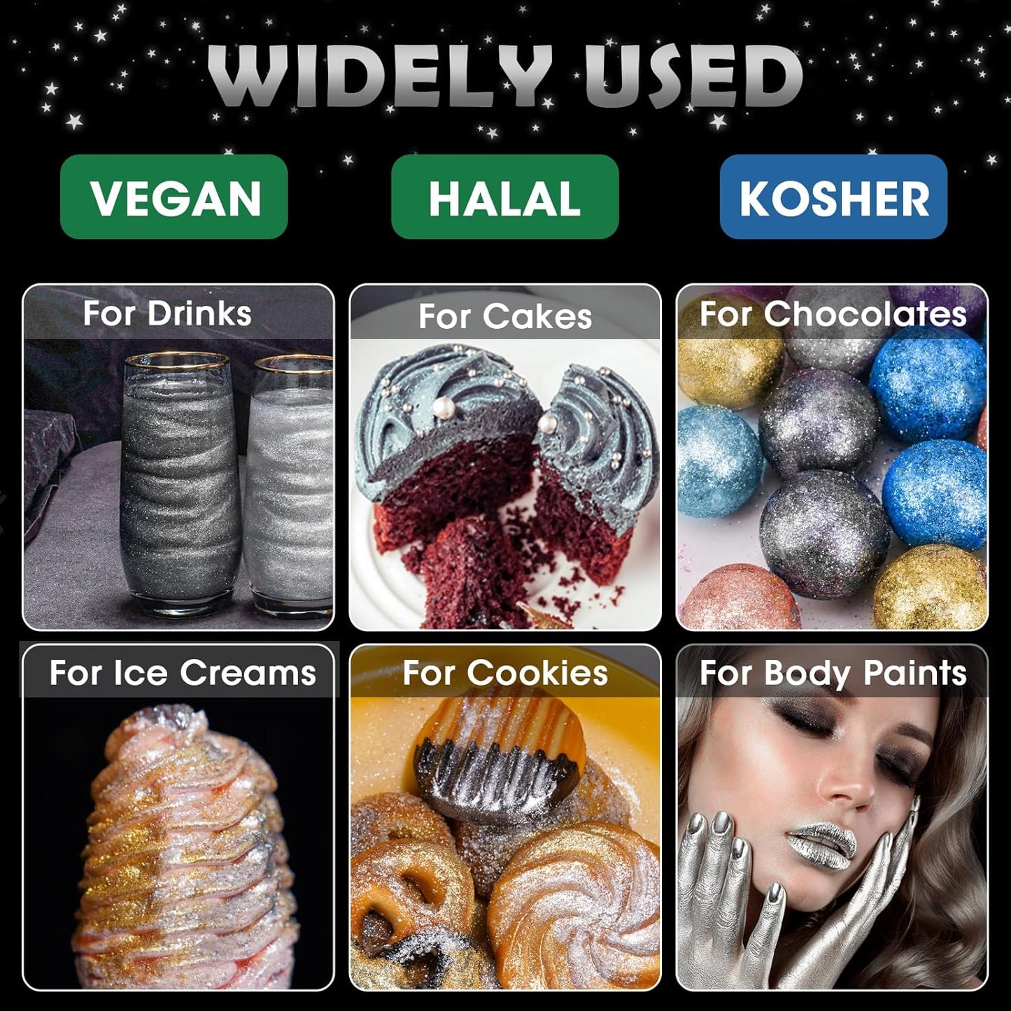 NiHome Edible Food-Grade Glitter Powder Glimmer Luster Dust Metallic Fancy Food Decorating Sprinkle Glimmery Dust for Drink Wine Beverage Cake Bakery Vegan Allergen-Free (Black, 0.35oz/10g)