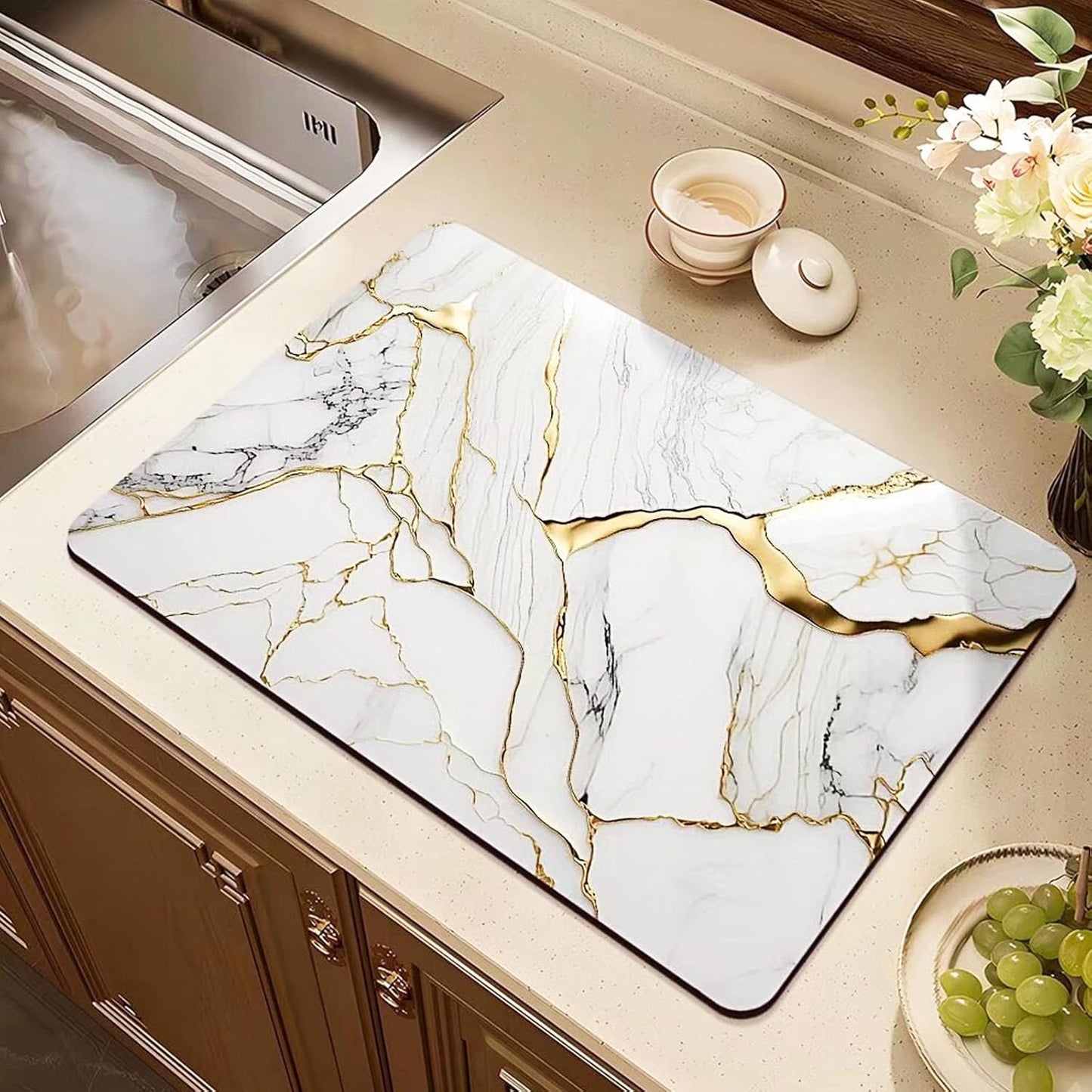 Coffee Mat or Dish Drying Mat Super Absorbent Drying Marble pattern Mat, Fit Under Coffee Maker Espresso Machine Absorbent Hide Stain Rubber Backed Dish Drying Mat for Kitchen Counter (12″x 20″white)