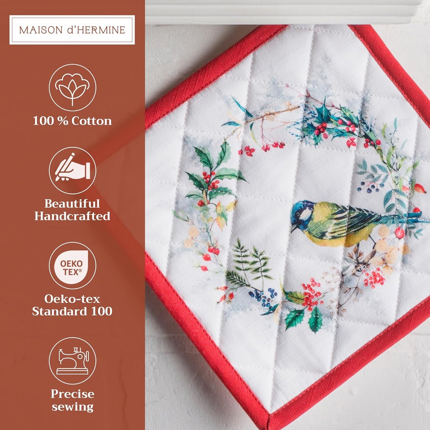 Maison d' Hermine Pot Holders Set 100% Cotton Heat Resistant Potholders 8" x 8" Hot Pads with Loop BBQ, Cooking, Baking, Grilling, Kitchen, Handling Hot Pans (Pack of 2, Morzine)