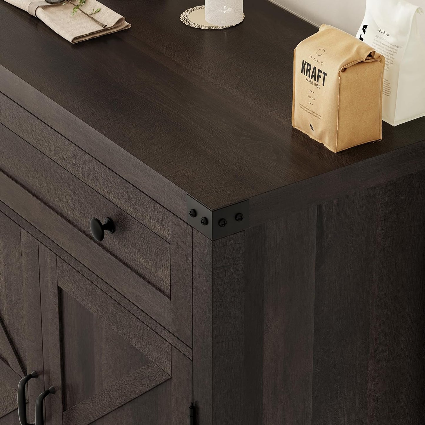 HOSTACK Coffee Bar Cabinet, Kitchen Storage Cabinet, Modern Farmhouse Buffet Sideboard with Drawer and Adjustable Shelf, Barn Door Accent Cabinets for Kitchen, Dining Room, Entryway, Dark Brown