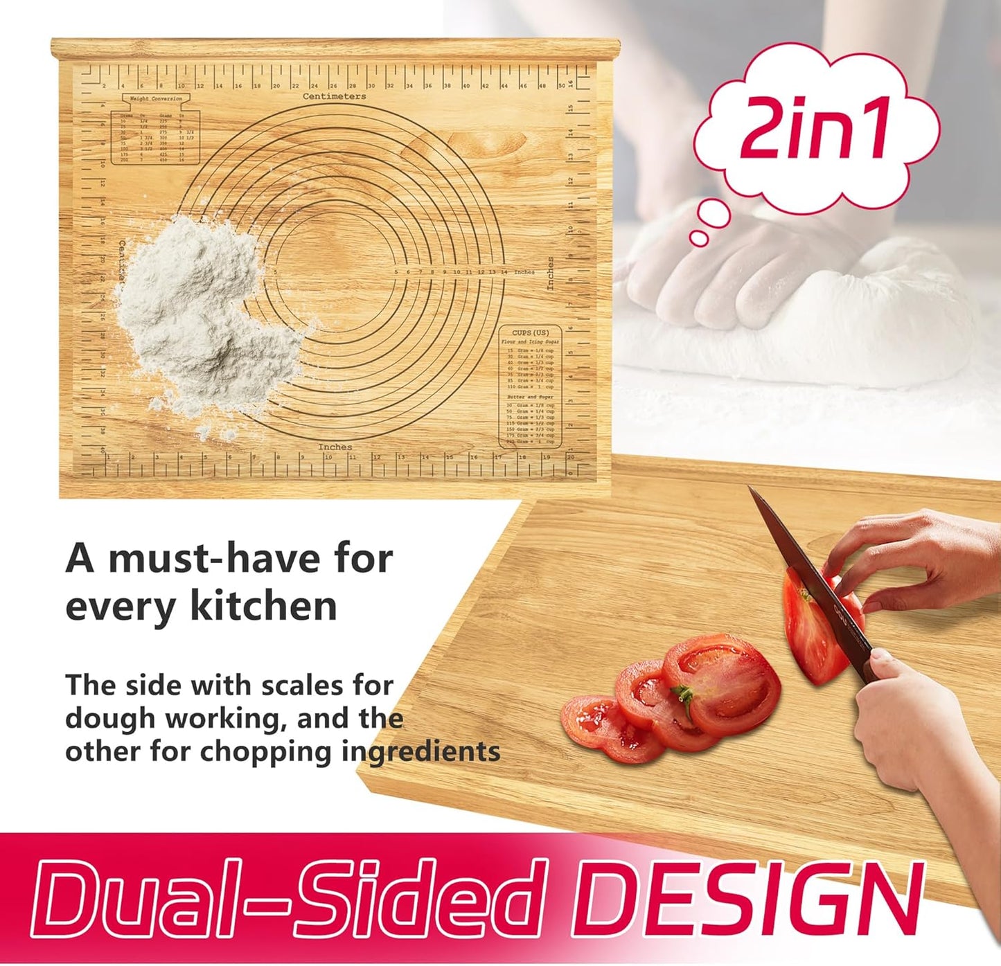 Montex Pastry Board with Measurement 24'' x 20", Wooden Kneading Board, Pastry Board for Rolling Dough, Pastry Baking Board with Counter Lip