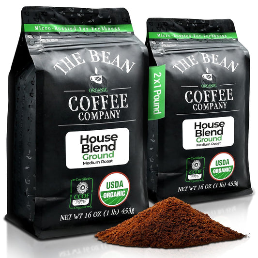The Bean Organic Coffee Company House Blend, Medium Roast, Ground Coffee, 16-Ounce Bags (Pack of 2), Café molido tostado orgánico