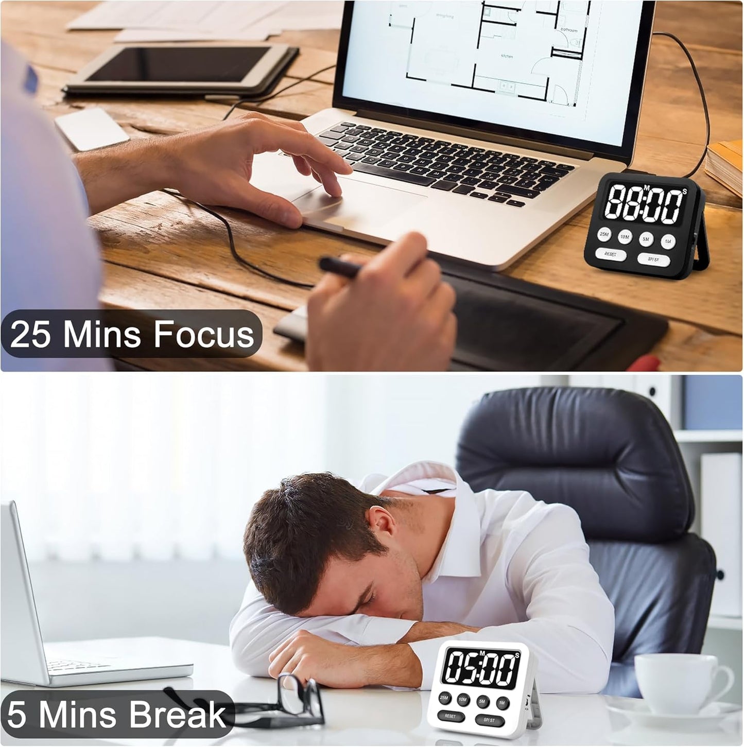 Pomodoro Timer, Digital Productivity Timer with Large Display, Kitchen Timers for Cooking, Settings 1-5-10-25 Minutes, Black