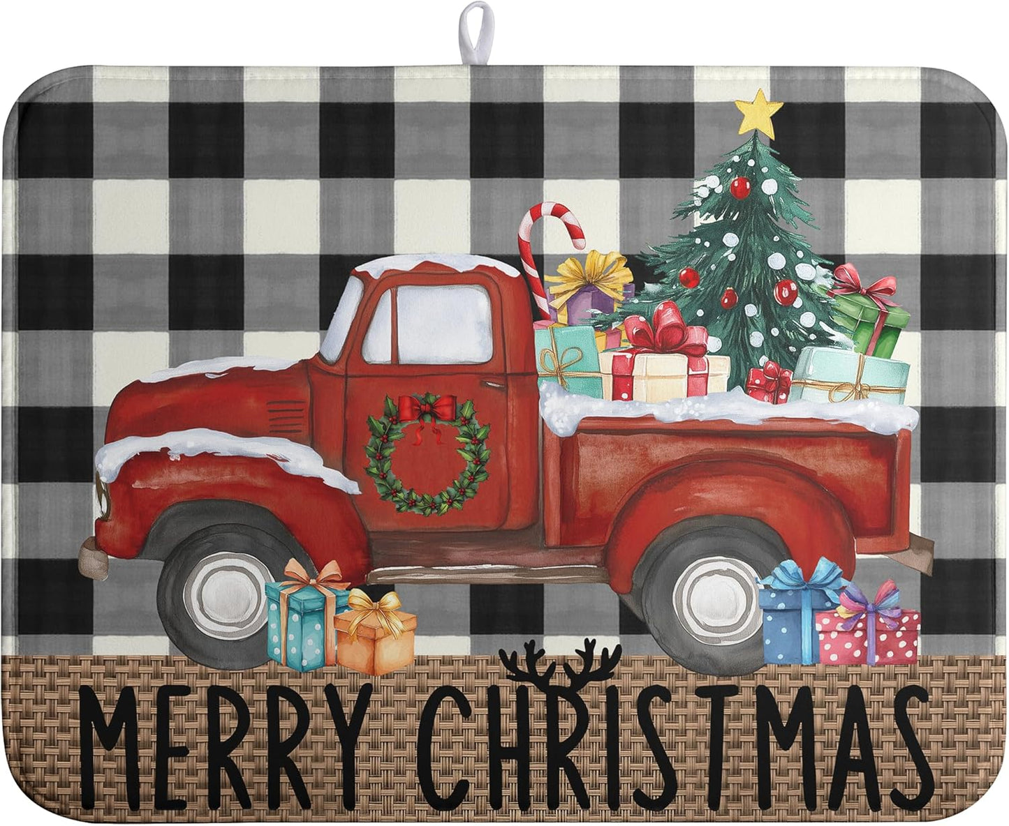 Merry Christmas Truck Dish Drying Mat Winter Large Kitchen Mats Dish Drying Pad Xmas Tree Absorbent Dish Dryer Mat for Kitchen Countertops Microfiber Drainer Pad Dish Drying Mats (18x24 in)