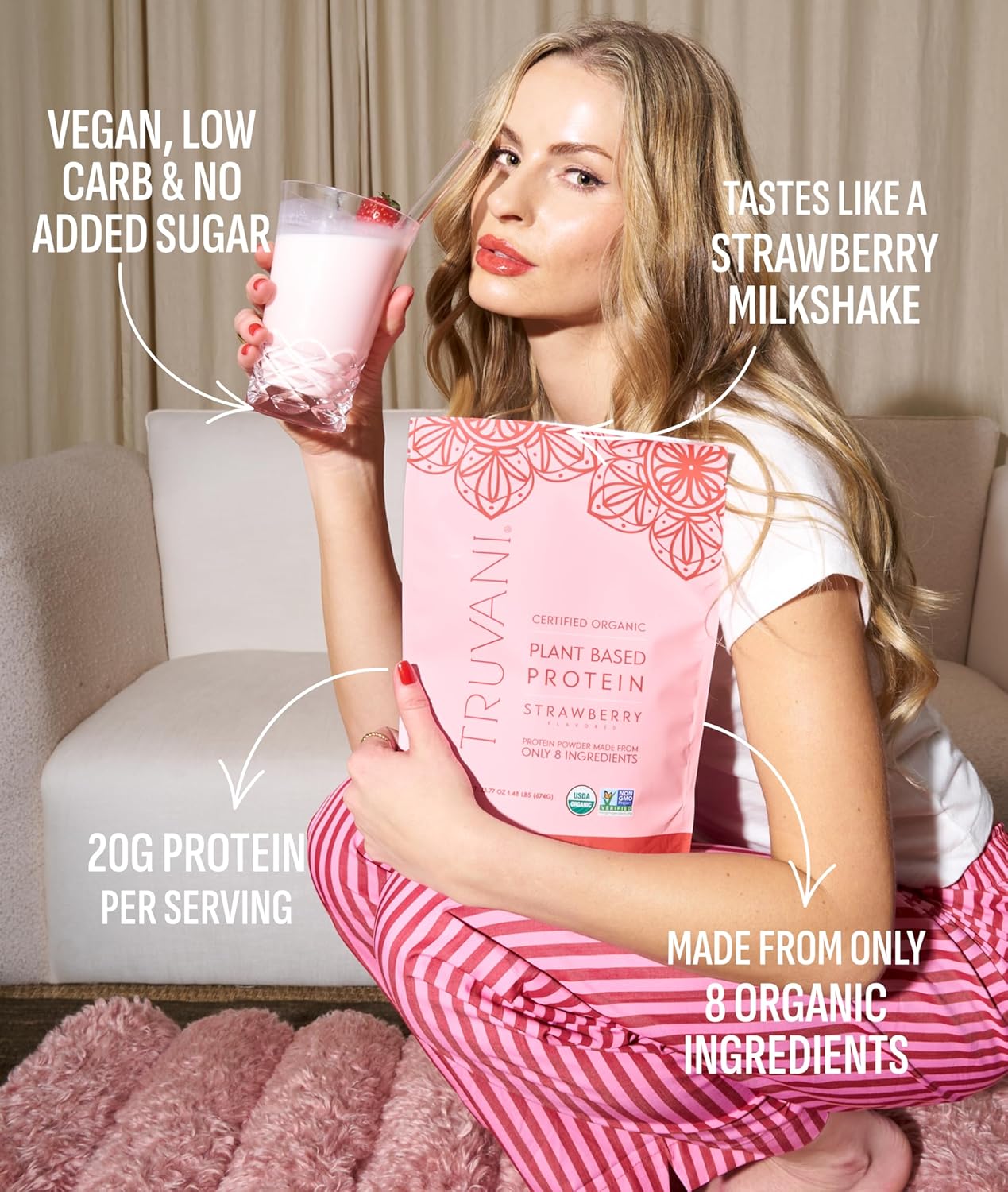 Truvani Vegan Pea Protein Powder | Strawberry | 20g Organic Plant Based Protein | 20 Servings | Keto | Gluten & Dairy Free | Low Carb | No Added Sugar
