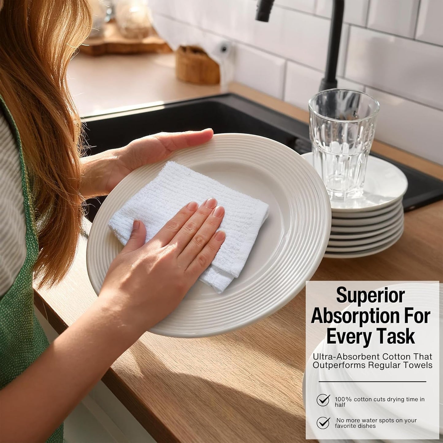 Bar Mop Cleaning Kitchen Dish Cloth Towels 12" x 12", 100% Cotton, Machine Washable, Everyday Kitchen Basic Utility Bar Mop Dishcloth Set of 24, White