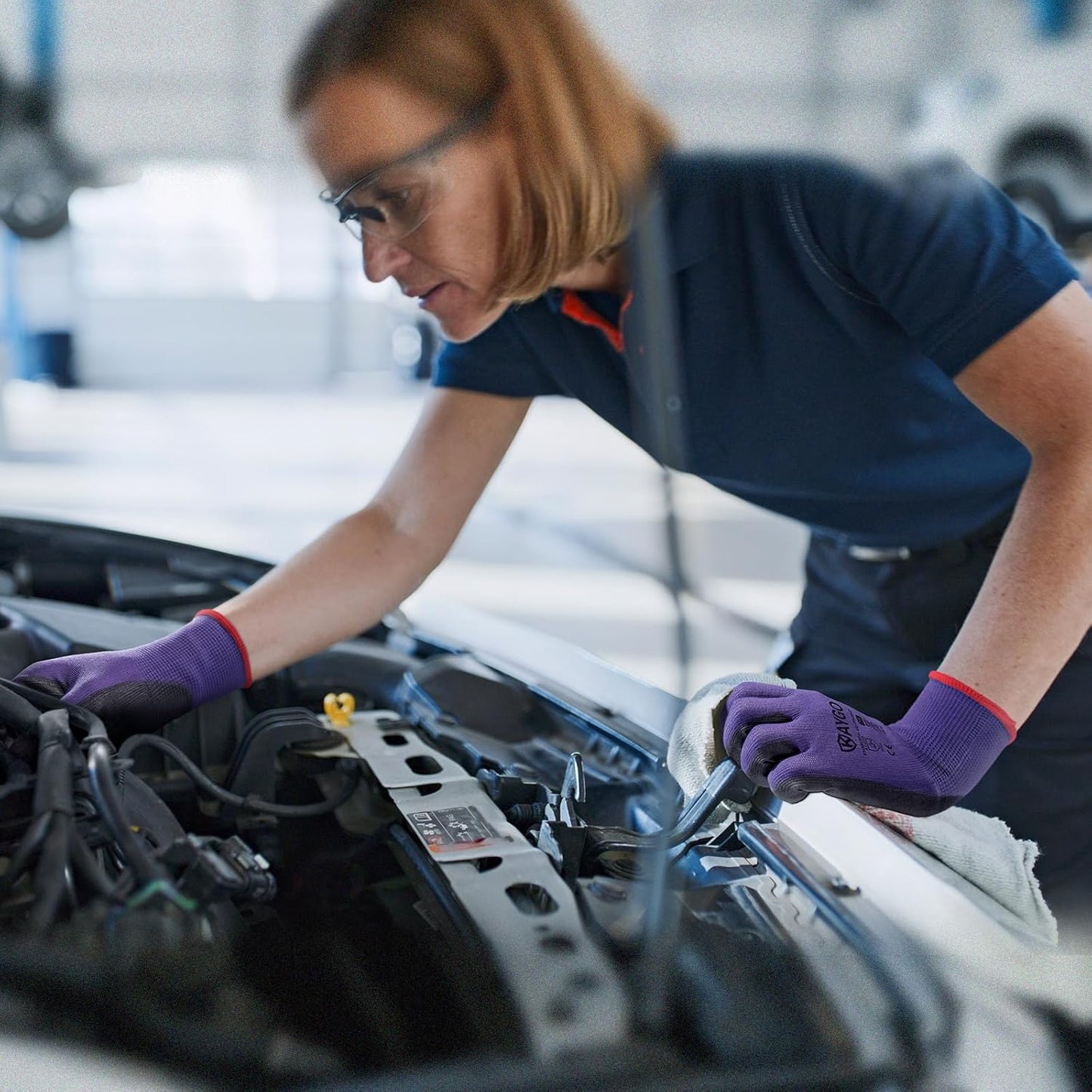 KAYGO Safety Work Gloves PU Coated,12 Pairs KG11PB Seamless Knit Glove for Men and Women, with Smooth Grip on Palm and Fingers, Ideal for General Duty Work (L, Purple)