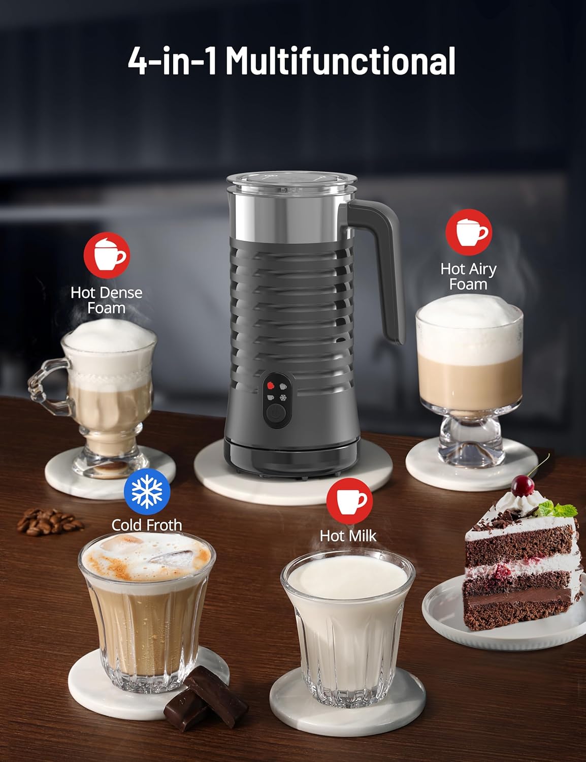 Milk Frother and Steamer, Airyoyo 4-in-1 Milk Frother, Electric Milk Frother Hot& Cold Foam Temperature Control, Auto Shut-Off Frother for Coffee Latte