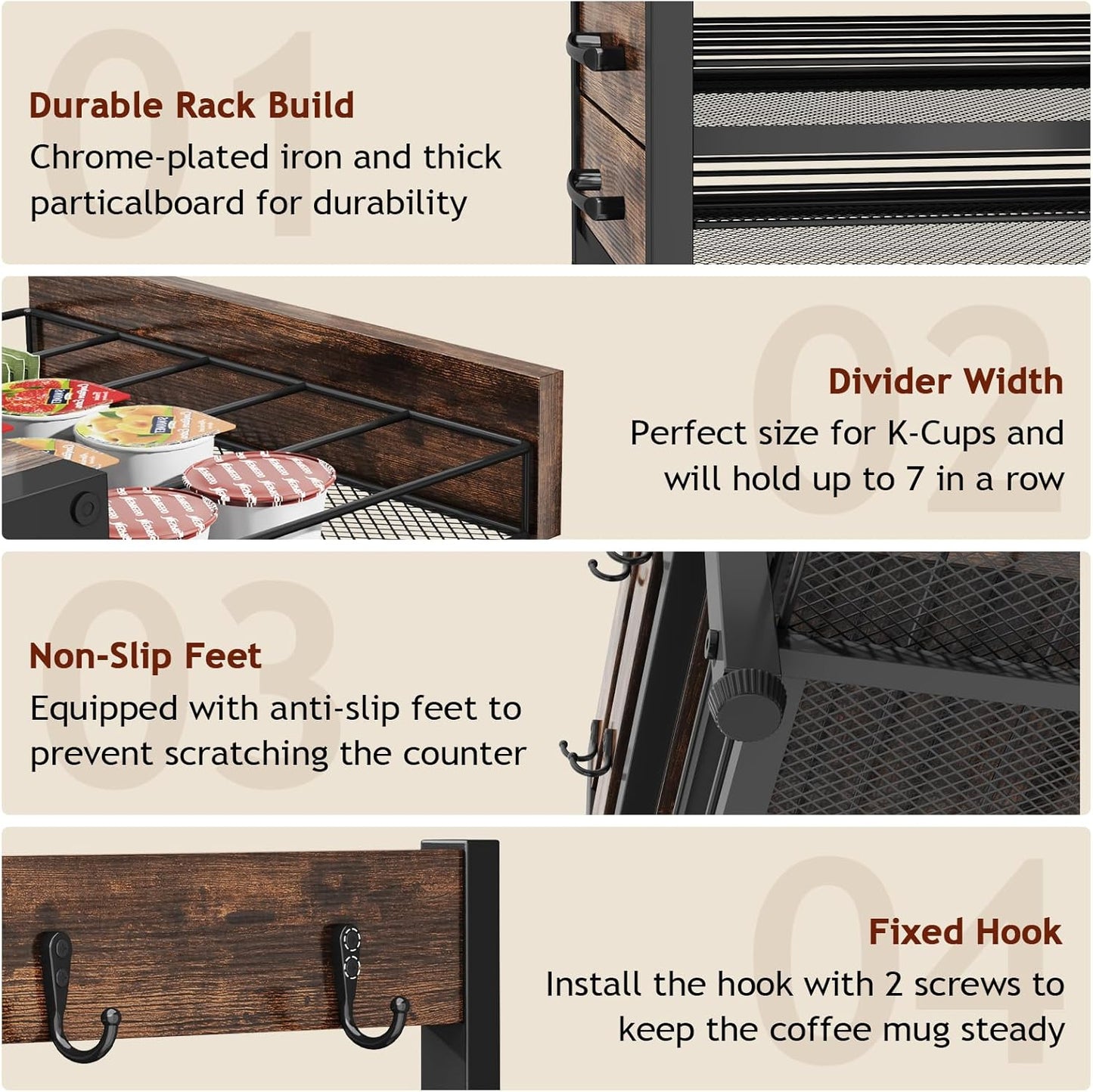 K Cup Holder Drawer - Coffee Pod Organizer for Counter, Sturdy k cups Storage Drawer with Mug Rack, Coffee Maker Stand, 70 Capacity Pods, Home Kitchen Counter Organizer, Rustic Brown