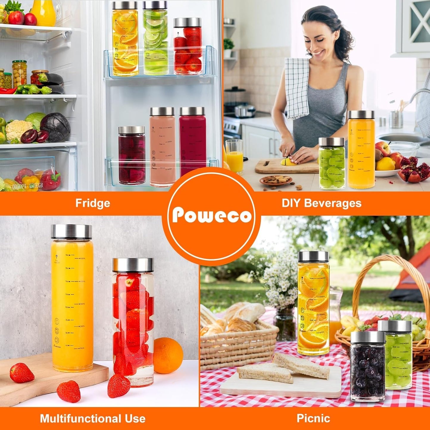 Glass Juice Bottles 4 Pack 20 oz - Wide Mouth Glass Water Bottles with Lids - for Juicing, Protein, Smoothie, Milk, Reusable, BPA Free, Stainless Steel Lids, Blender, Shaker Bottle [20oz/600ml]