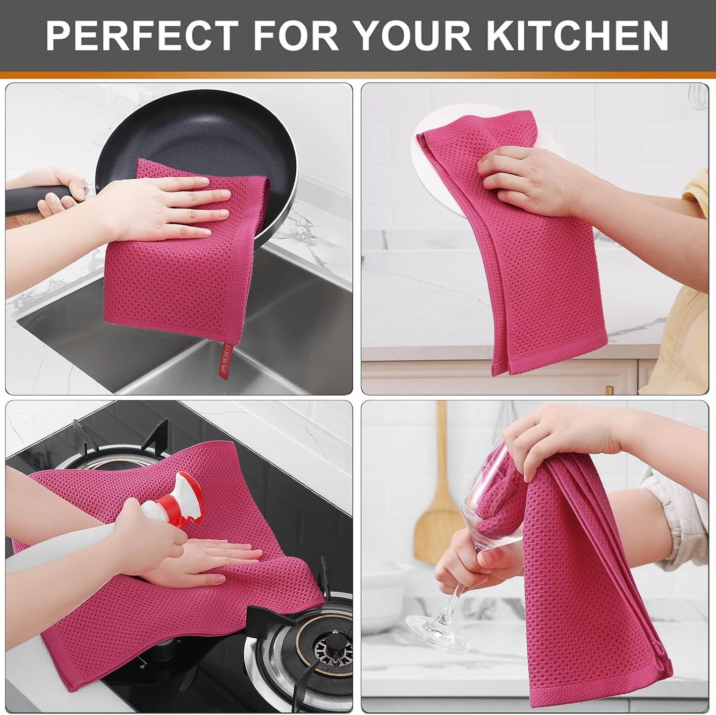 Kitinjoy 100% Cotton Waffle Weave Kitchen Towels, 8-Pack Super Soft and Absorbent Dish Towels for Drying Dishes, Kitchen Hand Towels, 13 in x 28 in, Hot Pink