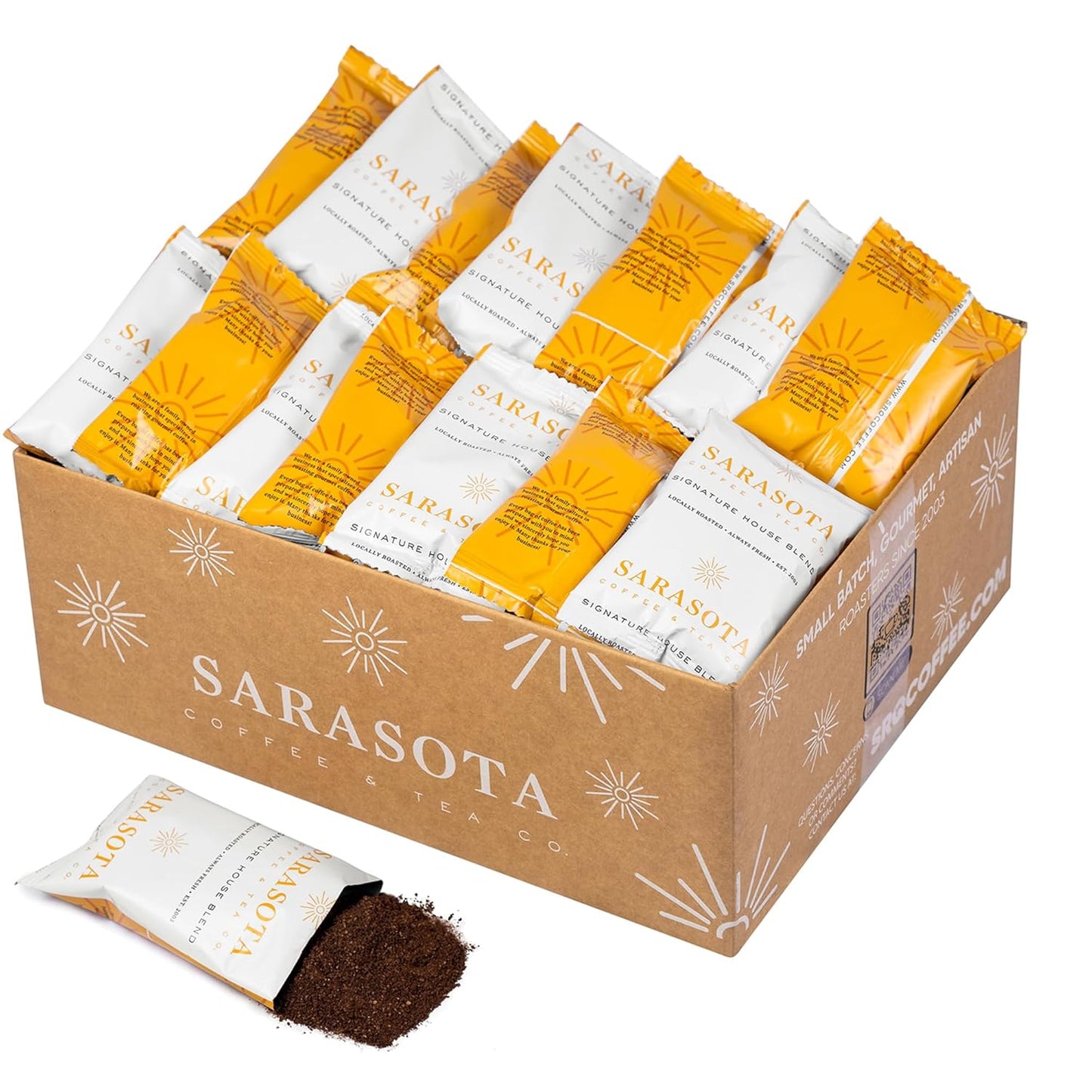 Sarasota Coffee Ground Packets | Gourmet Medium Roast Bulk Coffee Packs | Breakfast Blend | Low Acid Mold Free Singles Individual Pouches for 12 Cup Coffee Maker | 2.5 Ounce Bags, 36 Count