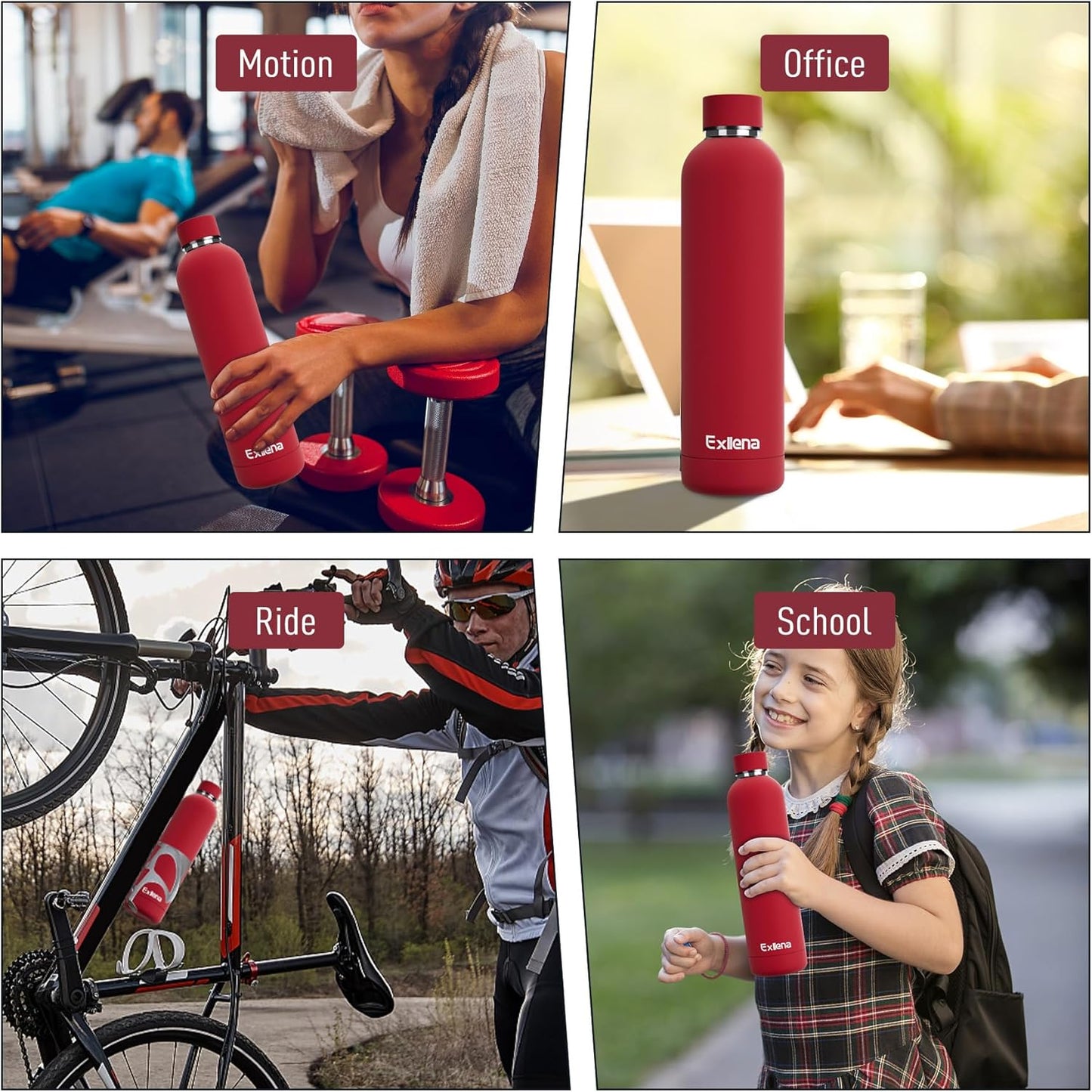 Slim Insulated Water Bottles for Travel 32oz with Clip, Double Wall Vacuum Stainless Steel Water Bottle Keeps Drinks Cold 24 Hrs/Hot 12 Hrs, 100% Leakproof, BPA Free（Red）